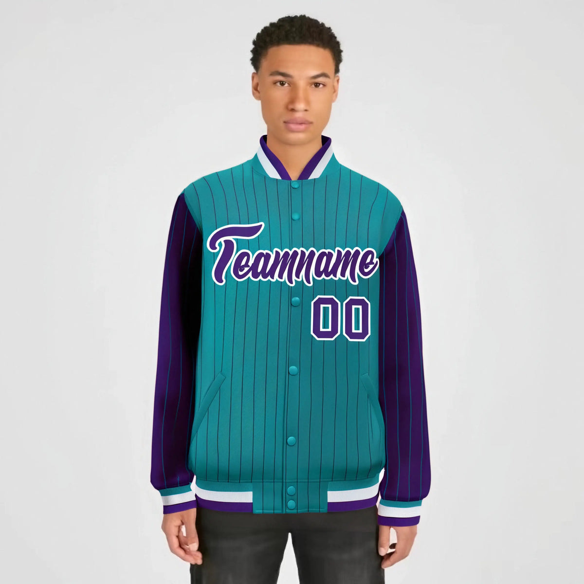 Custom Aqua Purple-Aqua Personalized Stripe Fashion Letterman Bomber Varsity Jacket