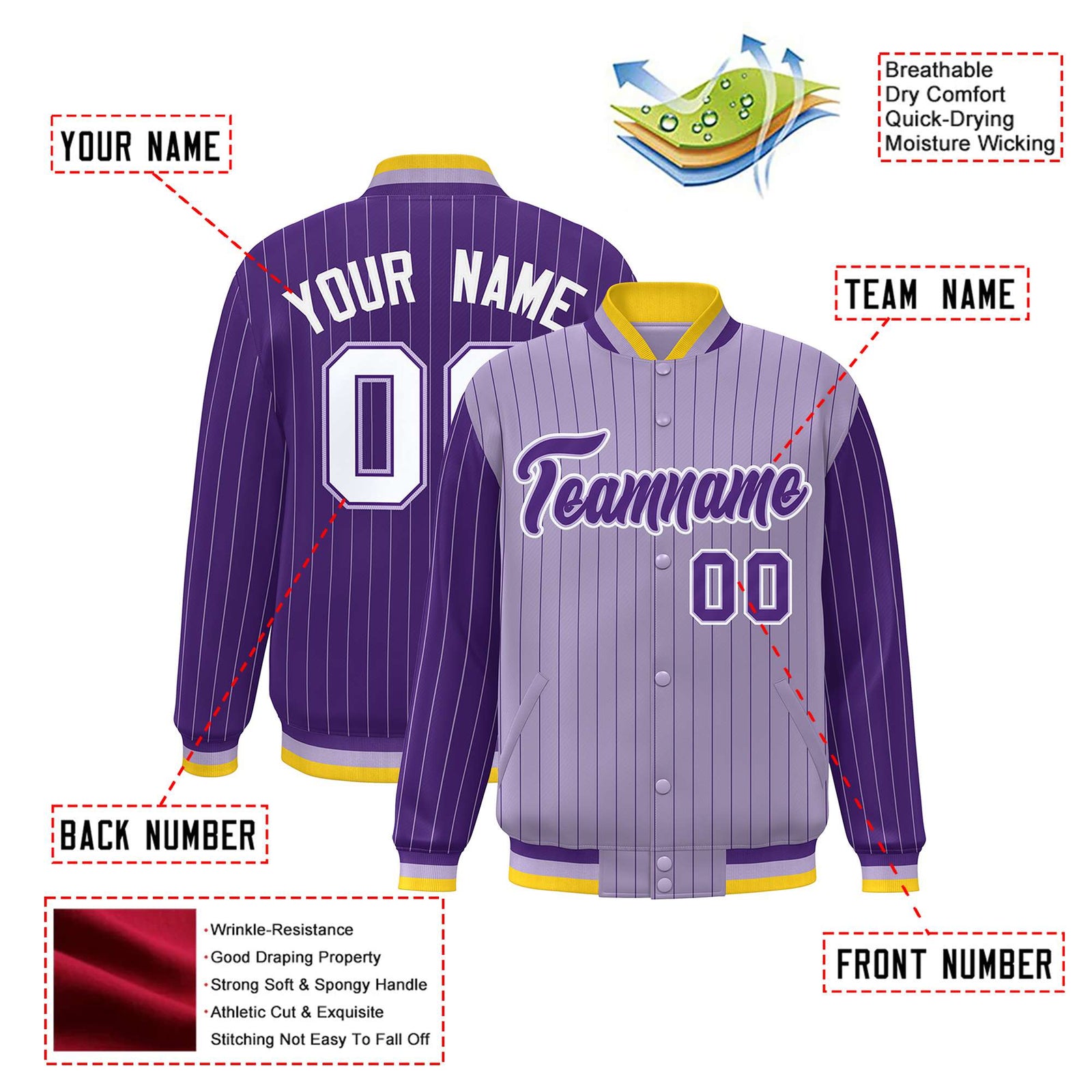 Custom Light Purple Purple-Light Purple Personalized Stripe Fashion Letterman Bomber Varsity Jacket