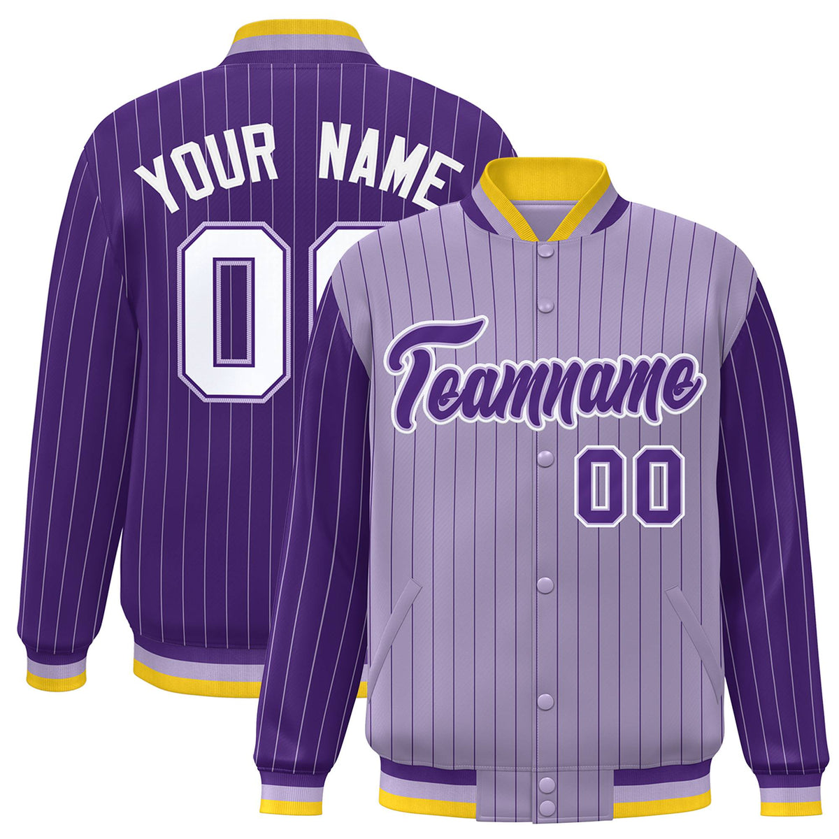 Custom Light Purple Purple-Light Purple Personalized Stripe Fashion Letterman Bomber Varsity Jacket