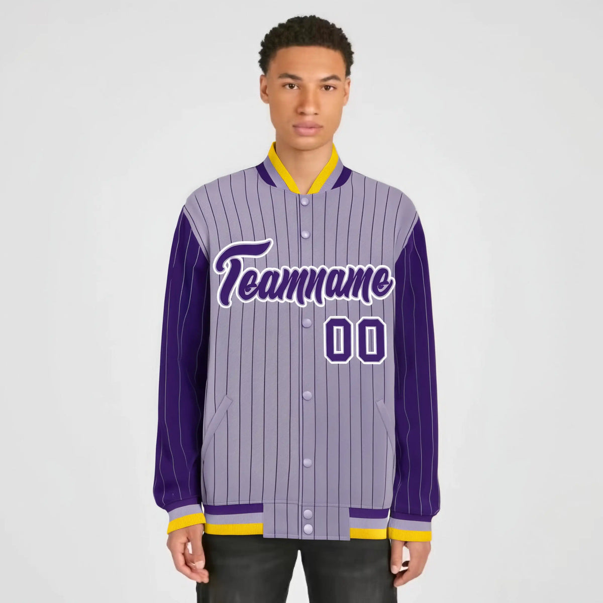 Custom Light Purple Purple-Light Purple Personalized Stripe Fashion Letterman Bomber Varsity Jacket