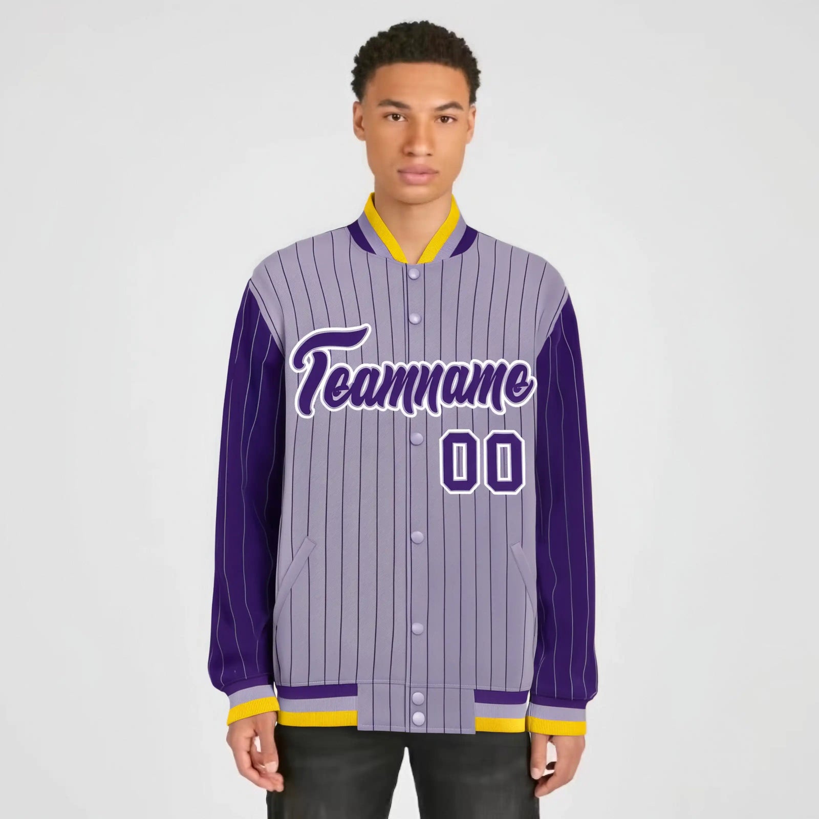 Custom Light Purple Purple-Light Purple Personalized Stripe Fashion Letterman Bomber Varsity Jacket