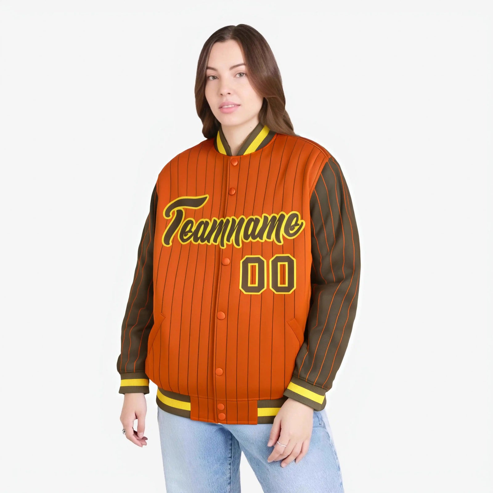 Custom Orange Ligth Brown-Orange Personalized Stripe Fashion Letterman Bomber Varsity Jacket