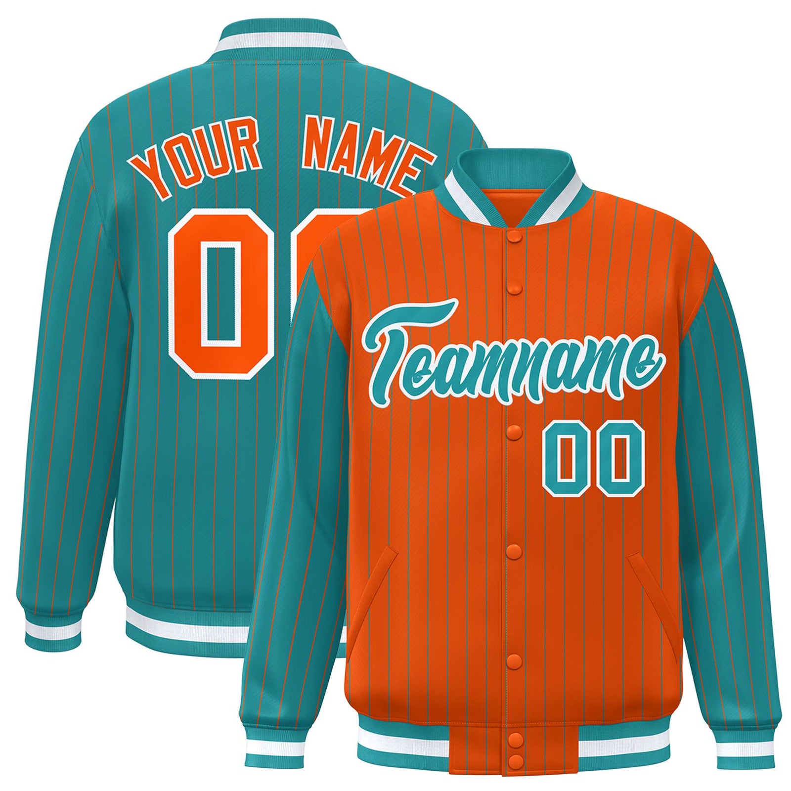 Custom Orange Aqua-Orange Personalized Stripe Fashion Letterman Bomber Varsity Jacket