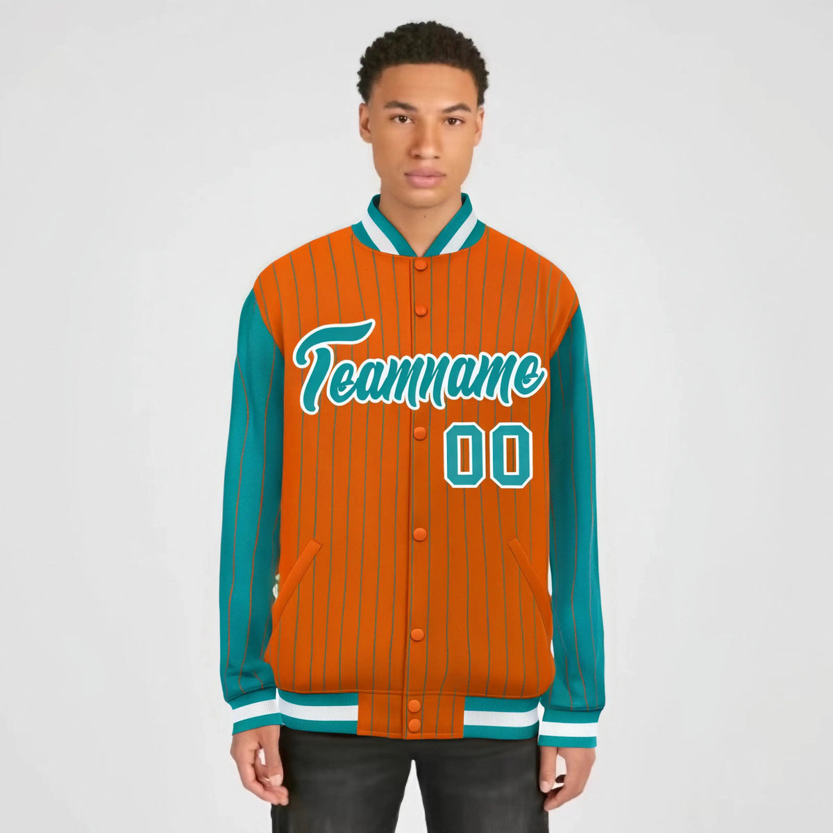 Custom Orange Aqua-Orange Personalized Stripe Fashion Letterman Bomber Varsity Jacket