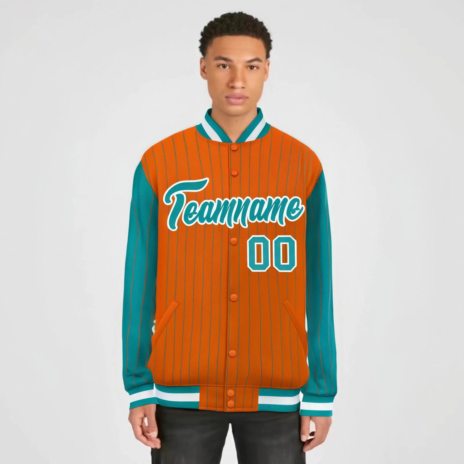Custom Orange Aqua-Orange Personalized Stripe Fashion Letterman Bomber Varsity Jacket