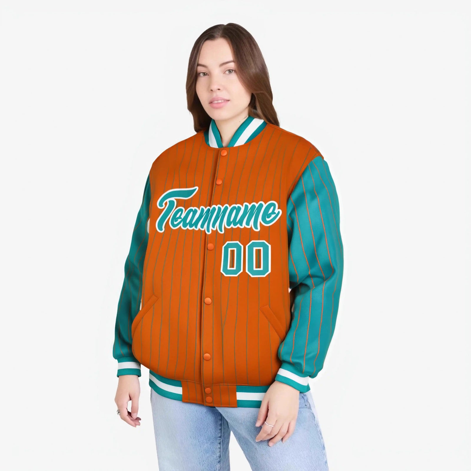 Custom Orange Aqua-Orange Personalized Stripe Fashion Letterman Bomber Varsity Jacket
