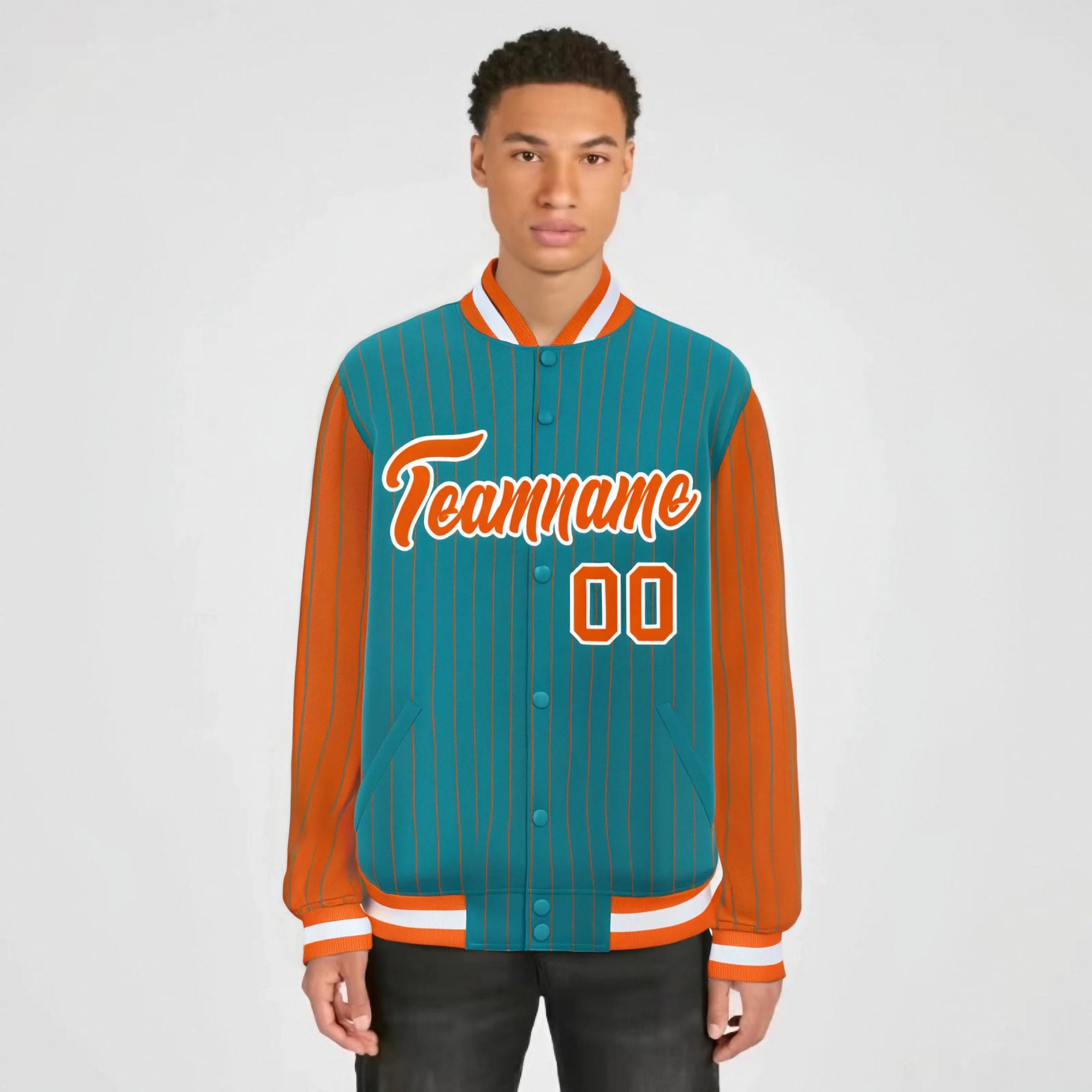 Custom Aqua Orange-Aqua Personalized Stripe Fashion Letterman Bomber Varsity Jacket