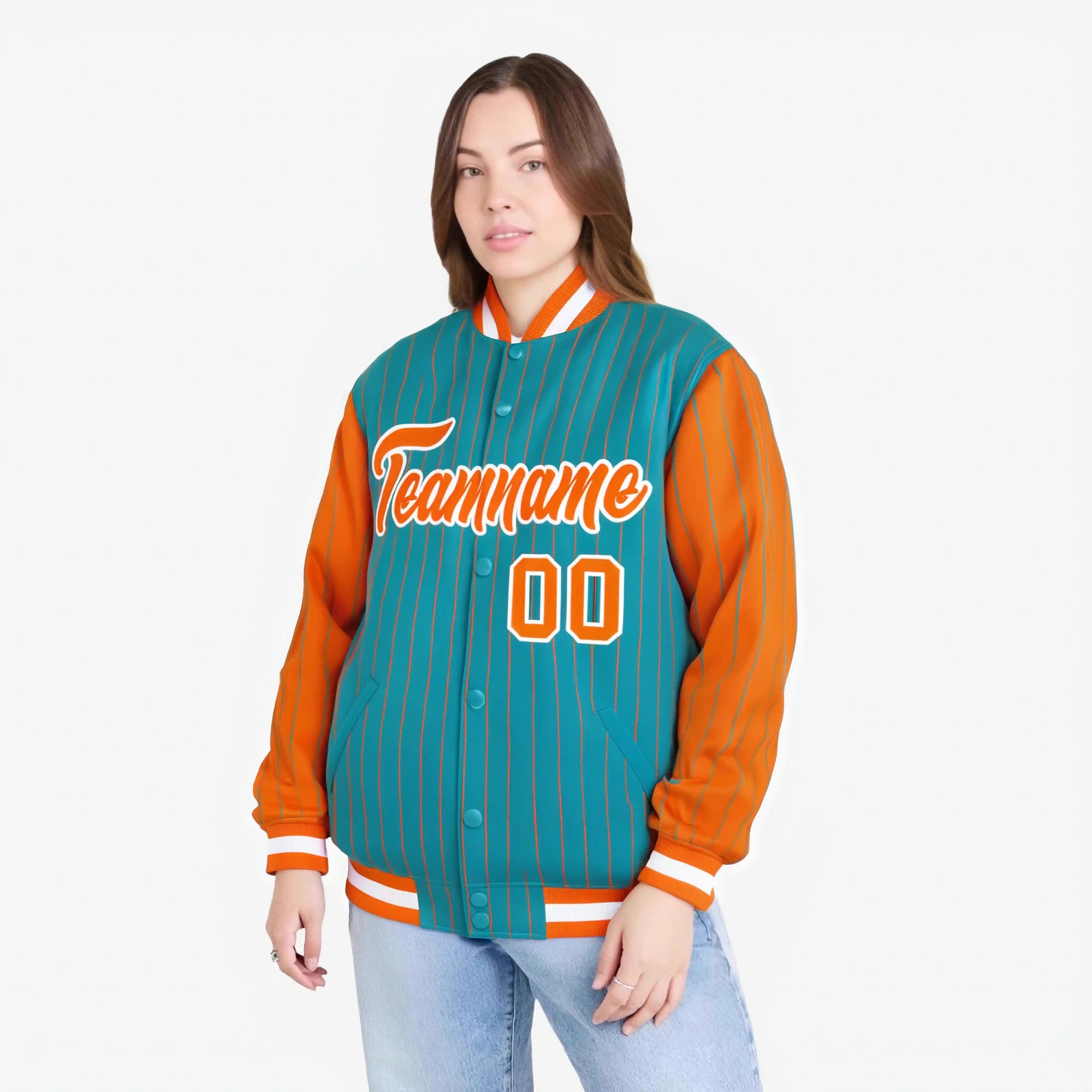 Custom Aqua Orange-Aqua Personalized Stripe Fashion Letterman Bomber Varsity Jacket