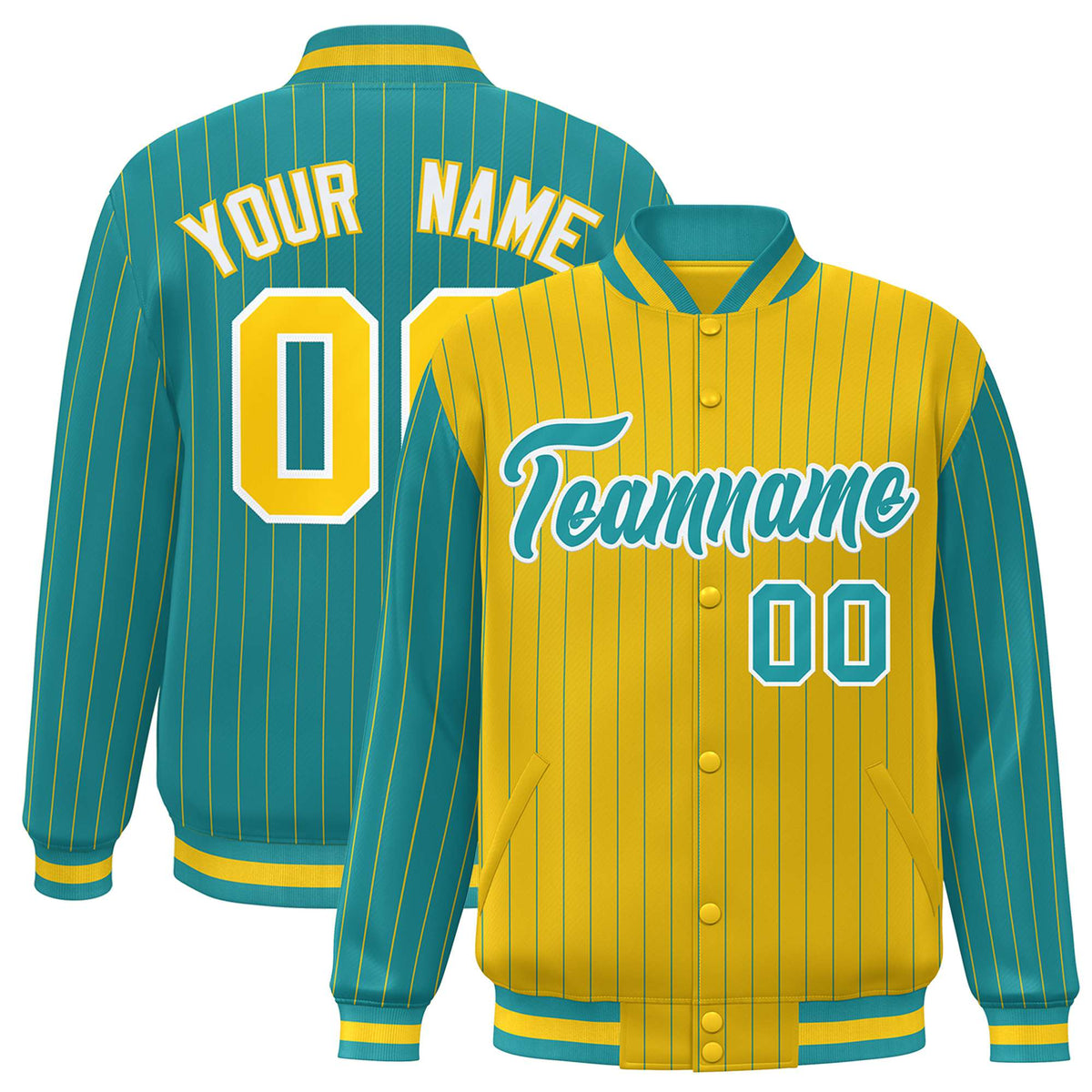 Custom Gold Aqua-Gold Personalized Stripe Fashion Letterman Bomber Varsity Jacket