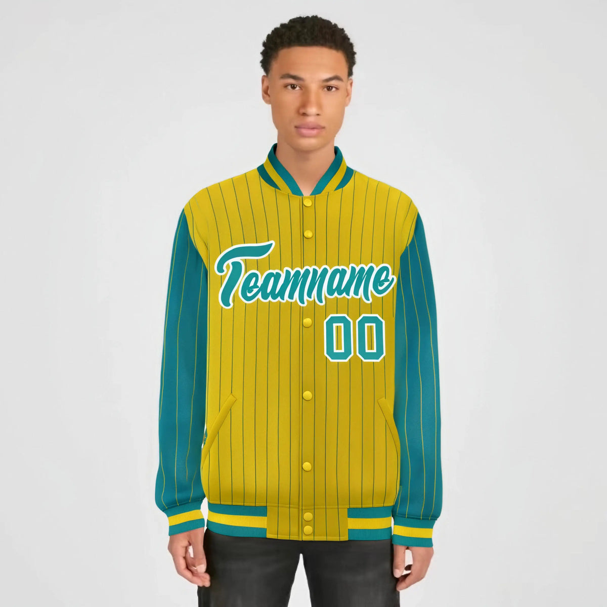 Custom Gold Aqua-Gold Personalized Stripe Fashion Letterman Bomber Varsity Jacket