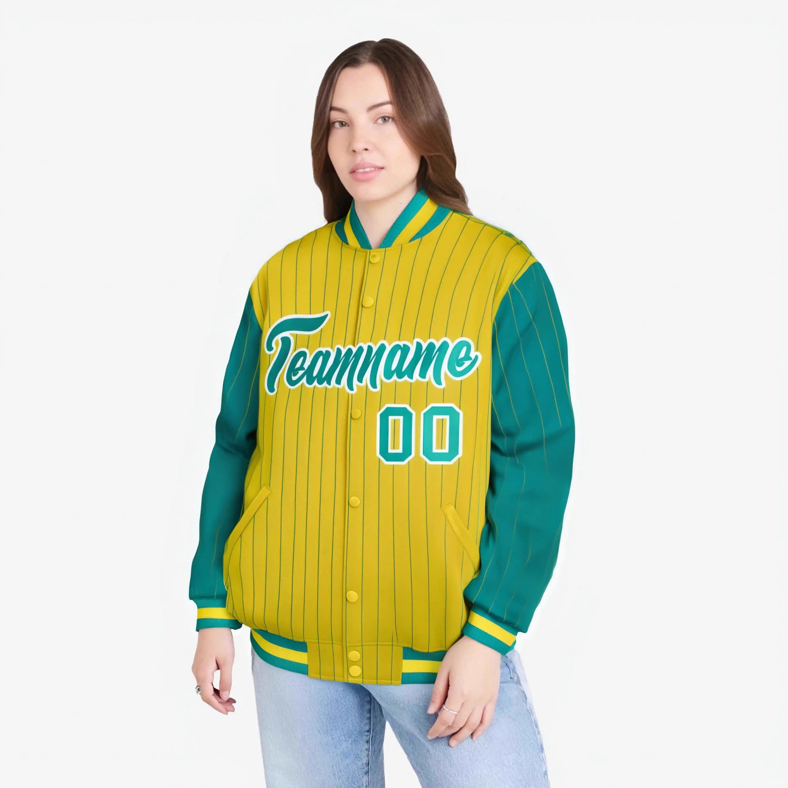 Custom Gold Aqua-Gold Personalized Stripe Fashion Letterman Bomber Varsity Jacket