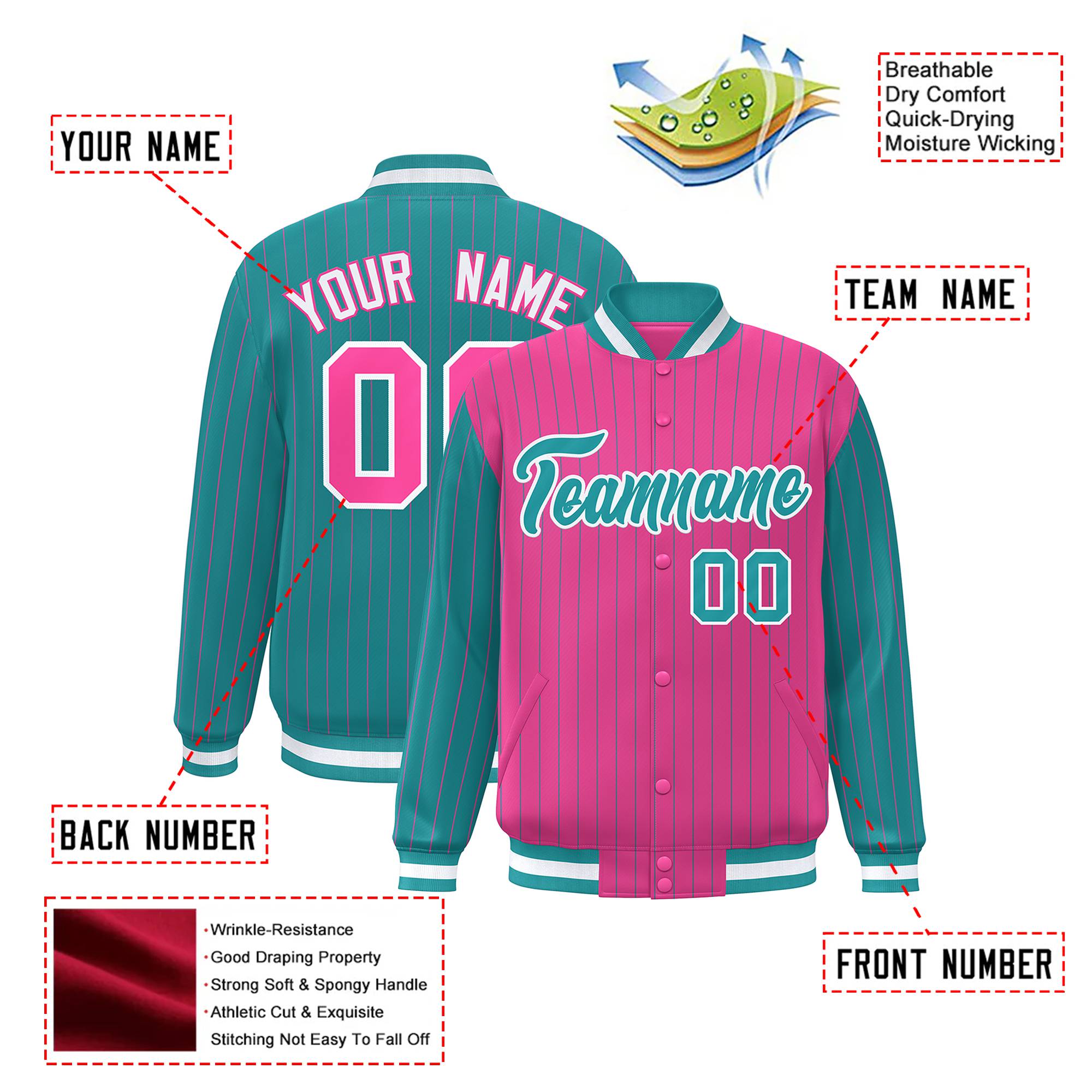 Custom Pink Aqua-Pink Personalized Stripe Fashion Letterman Bomber Varsity Jacket