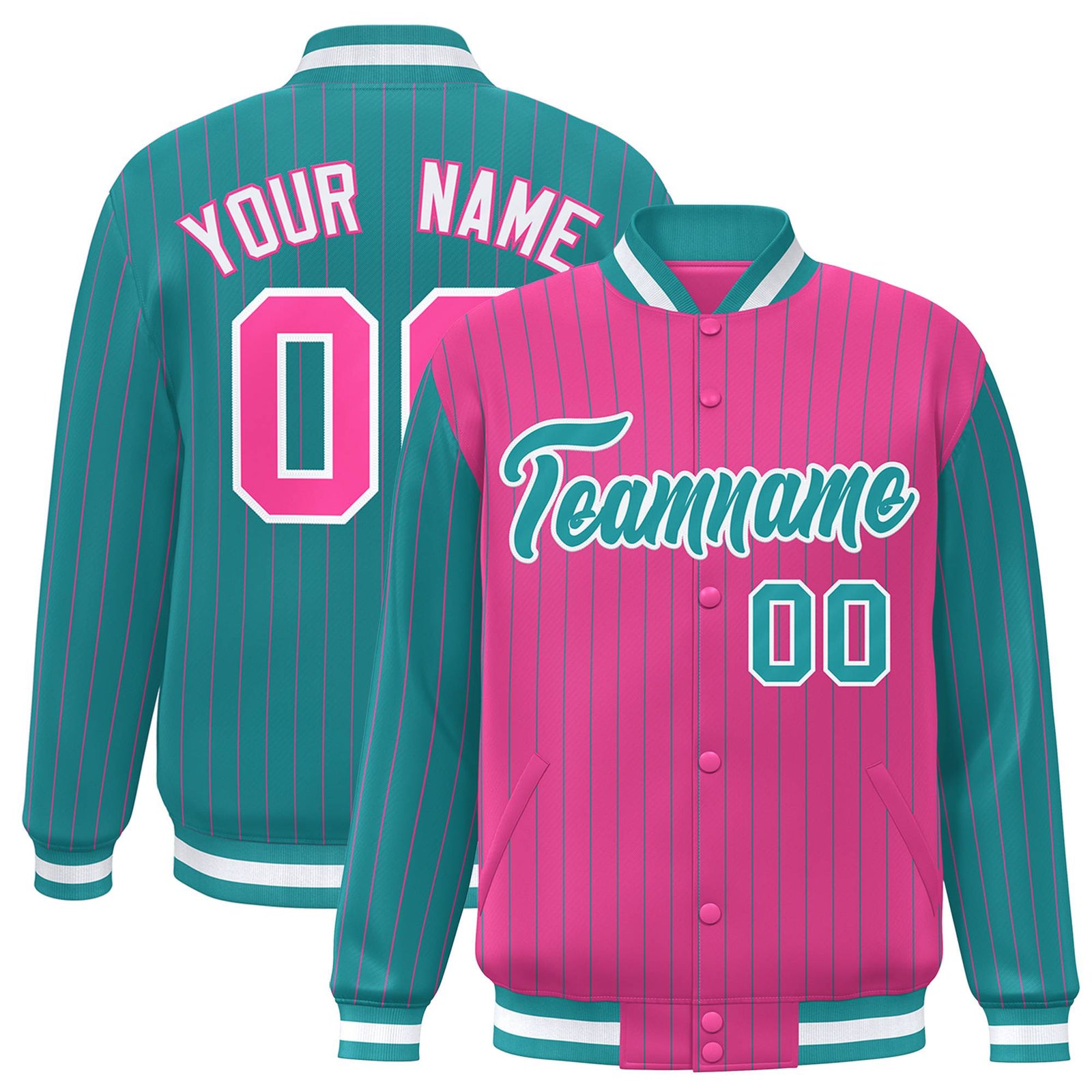 Custom Pink Aqua-Pink Personalized Stripe Fashion Letterman Bomber Varsity Jacket