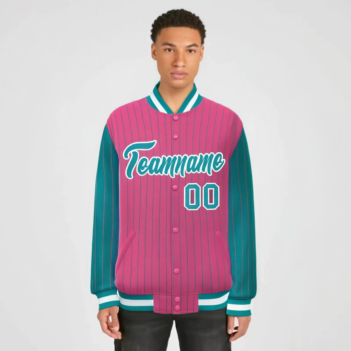 Custom Pink Aqua-Pink Personalized Stripe Fashion Letterman Bomber Varsity Jacket