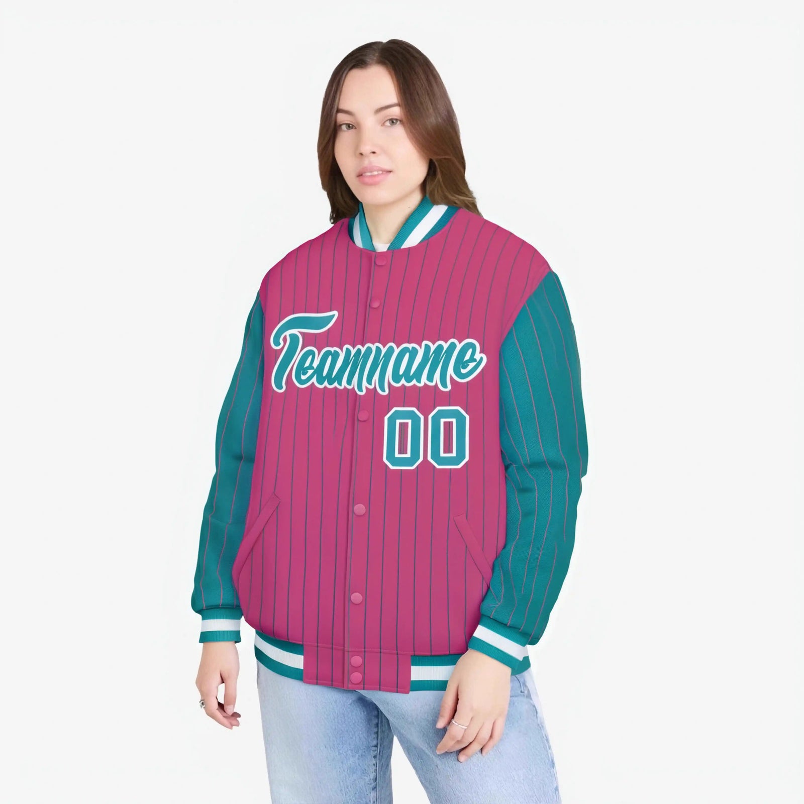 Custom Pink Aqua-Pink Personalized Stripe Fashion Letterman Bomber Varsity Jacket
