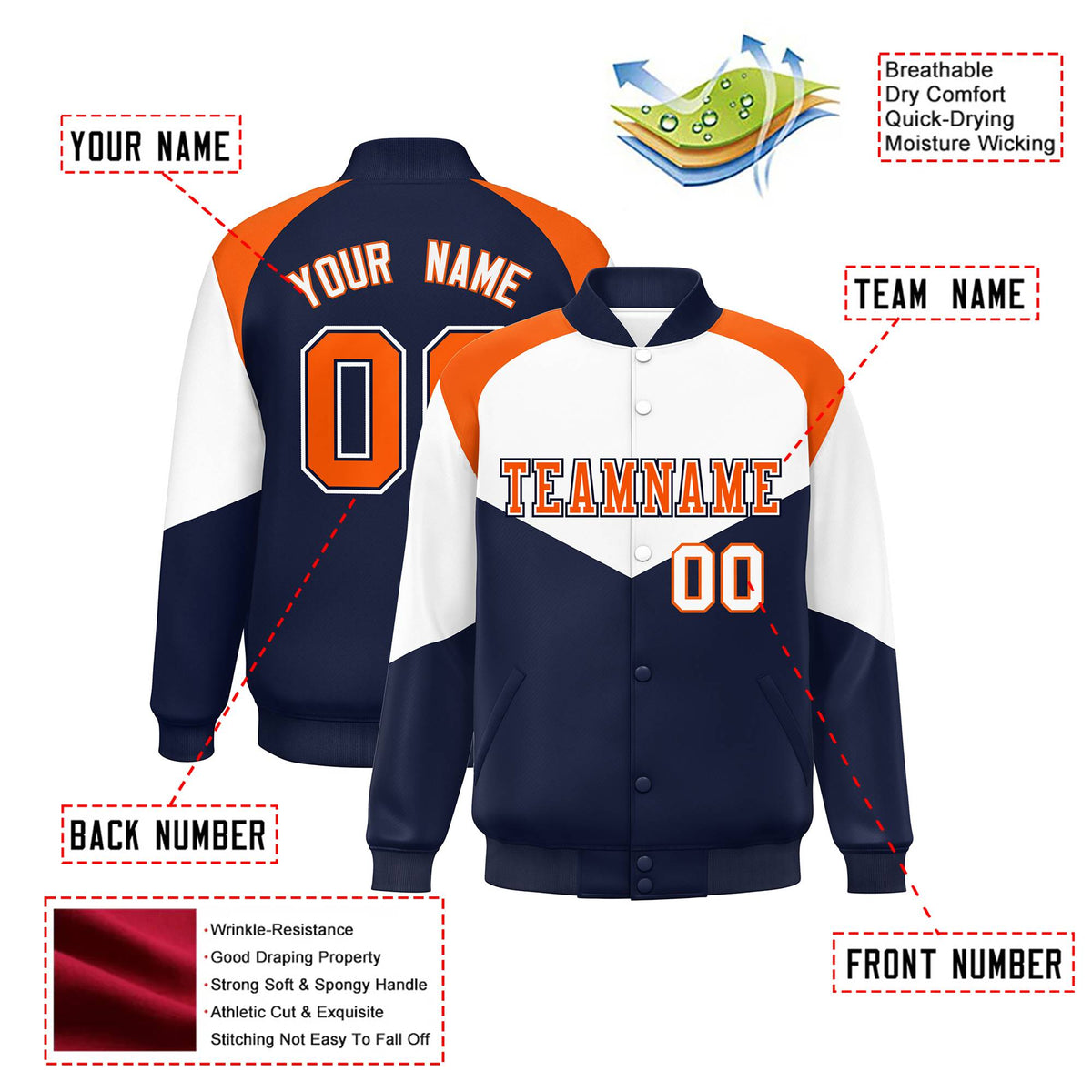 Custom White Navy-Orange Varsity Full-Snap Color Block Letterman Jacket