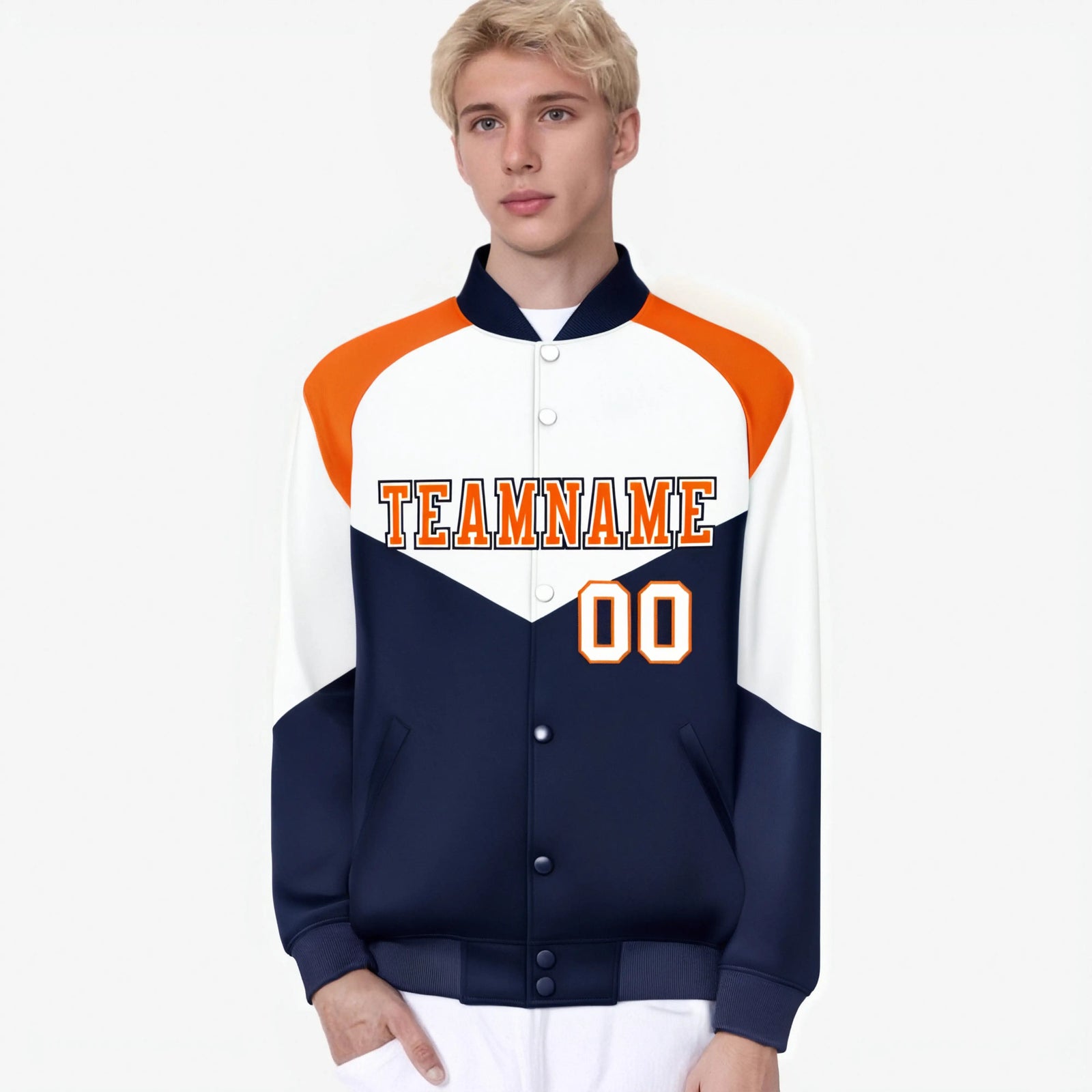 Custom White Navy-Orange Varsity Full-Snap Color Block Letterman Jacket
