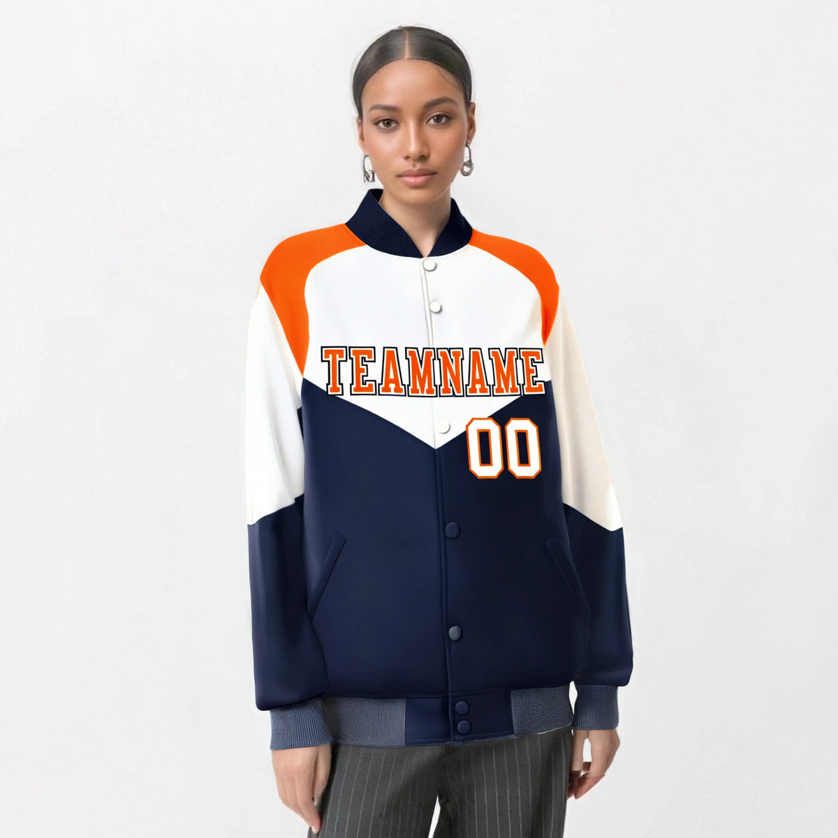 Custom White Navy-Orange Varsity Full-Snap Color Block Letterman Jacket