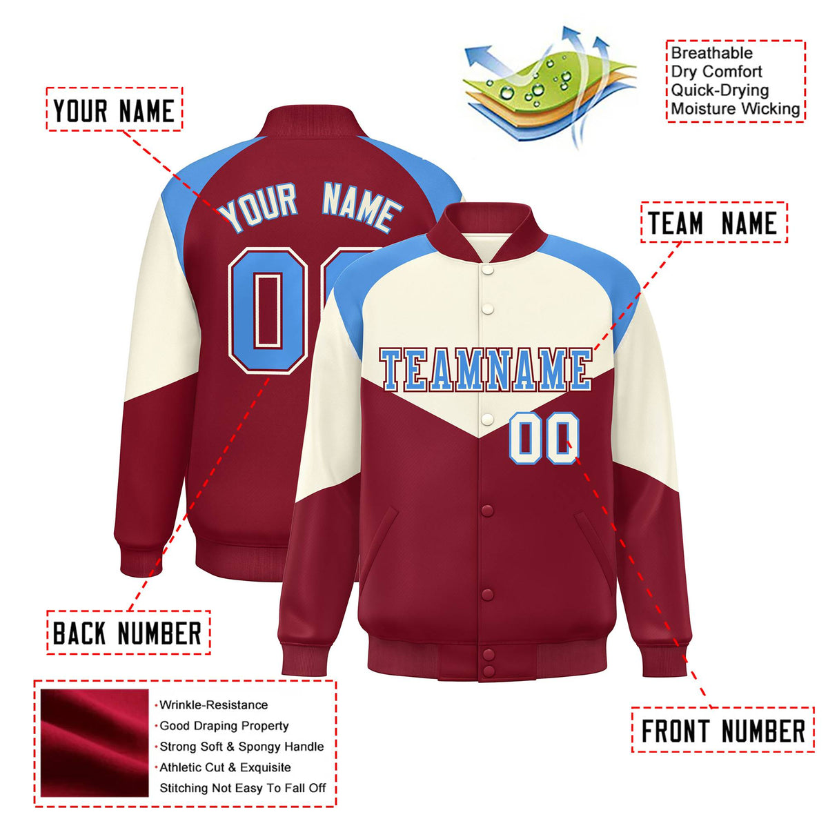 Custom Cream Crimson-Powder Blue Varsity Full-Snap Color Block Letterman Jacket