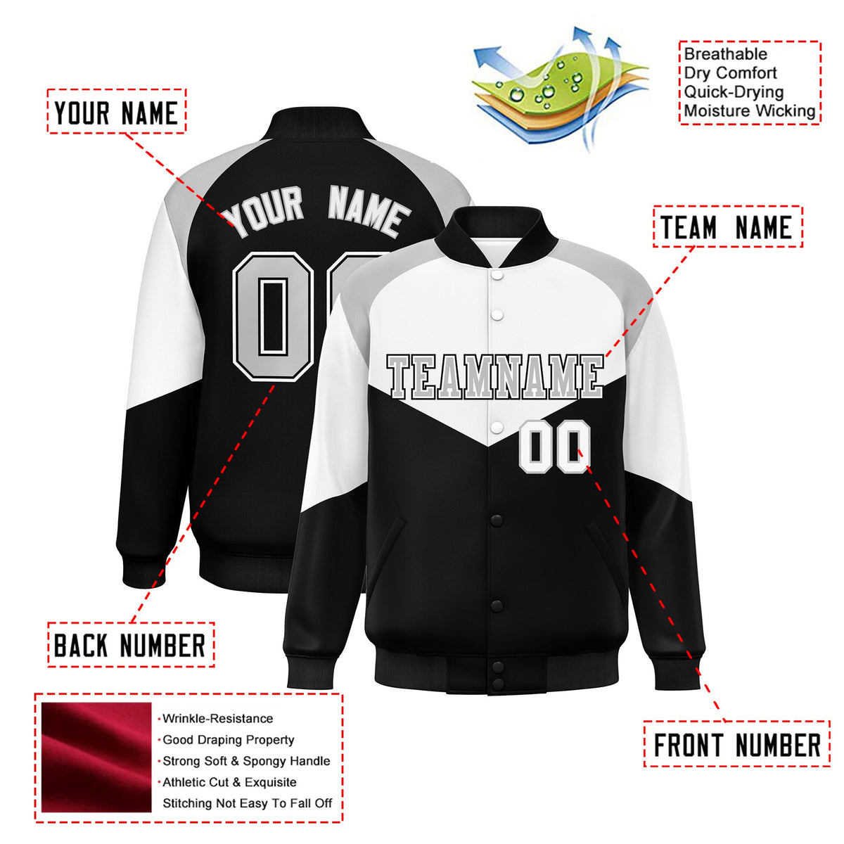 Custom White Black-Gray Varsity Full-Snap Color Block Letterman Jacket