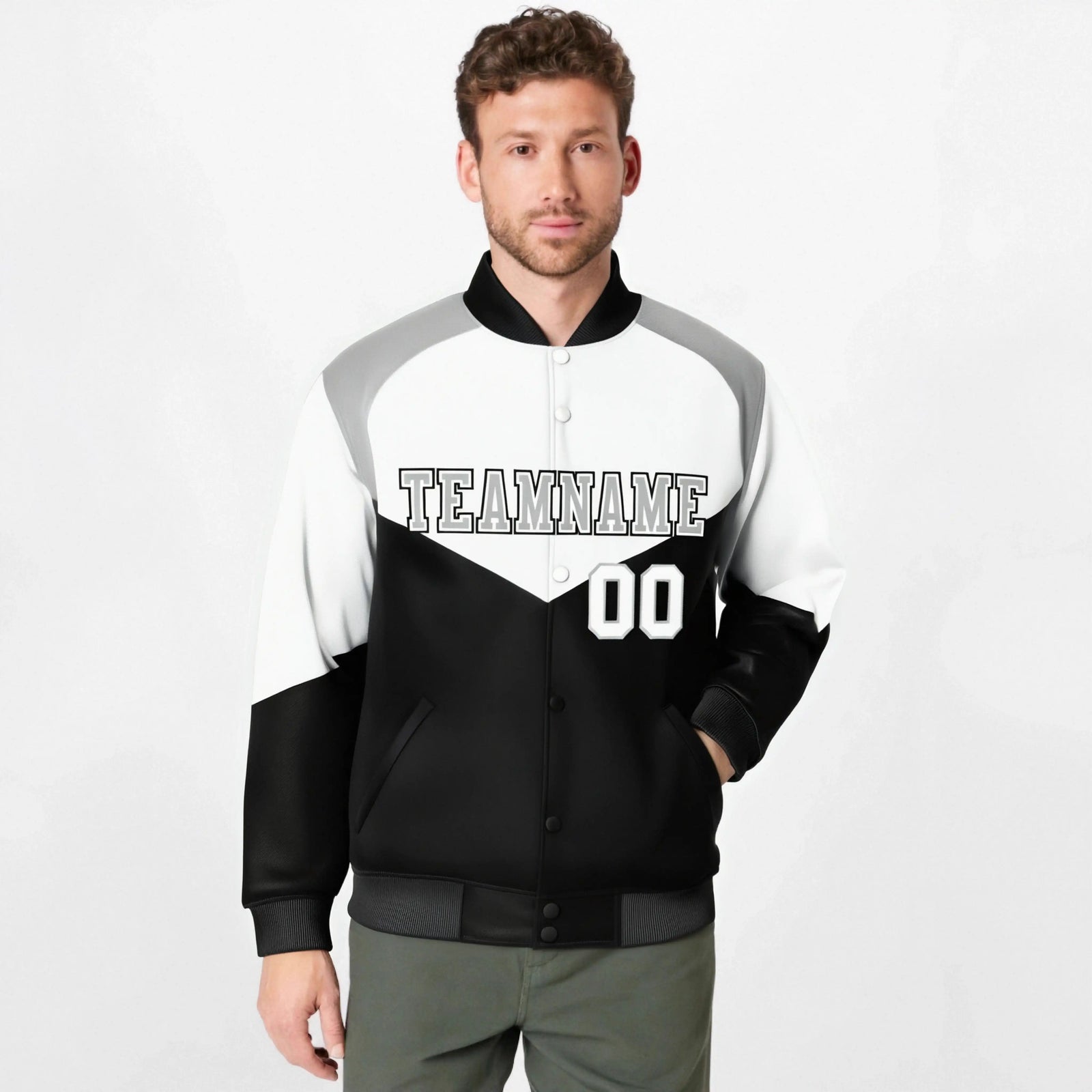 Custom White Black-Gray Varsity Full-Snap Color Block Letterman Jacket