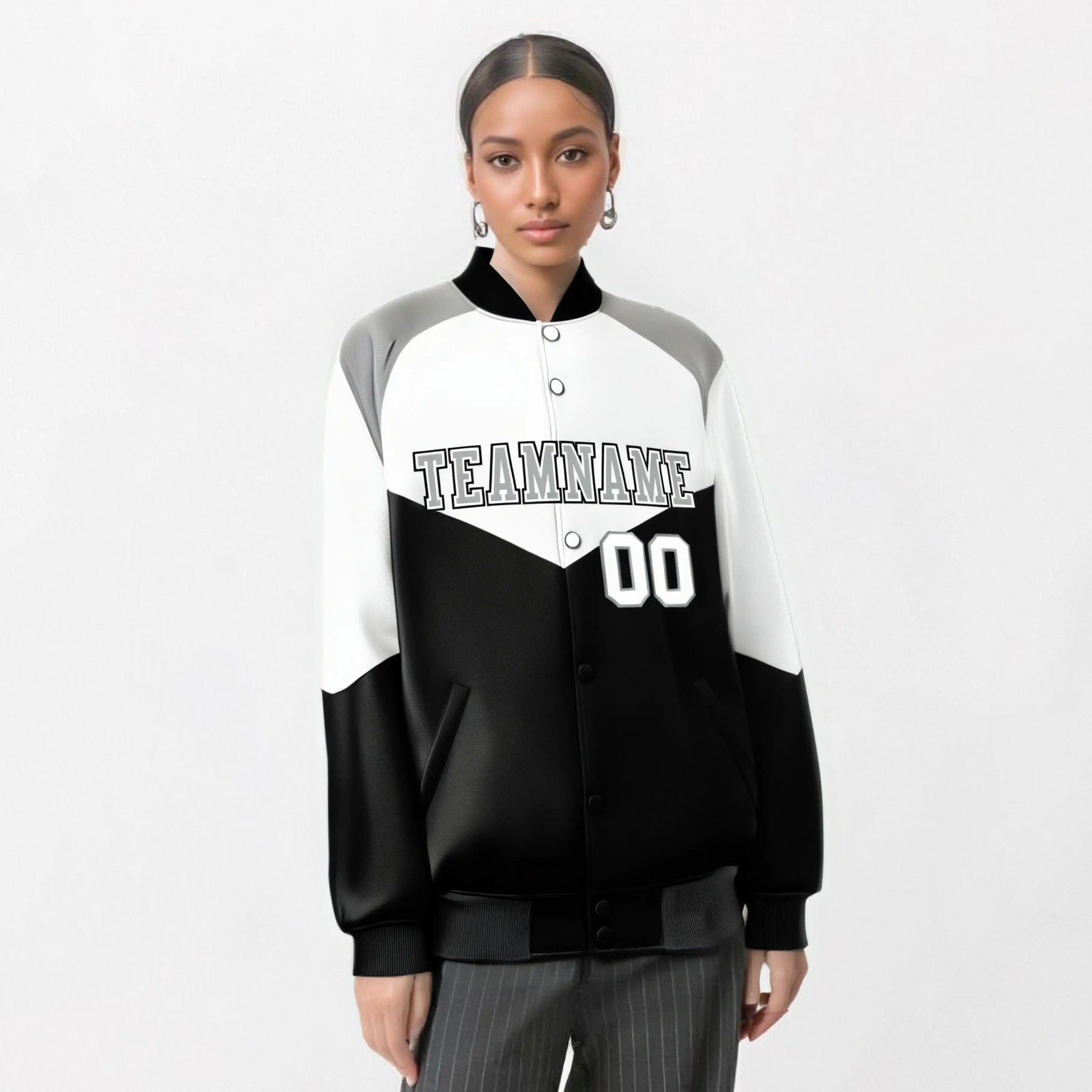 Custom White Black-Gray Varsity Full-Snap Color Block Letterman Jacket