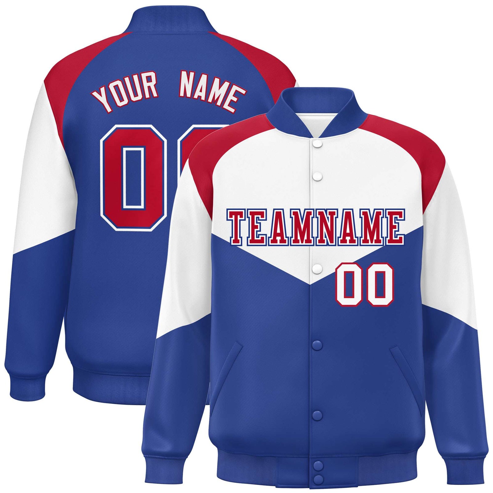 Custom White Royal Blue-Red Varsity Full-Snap Color Block Letterman Jacket