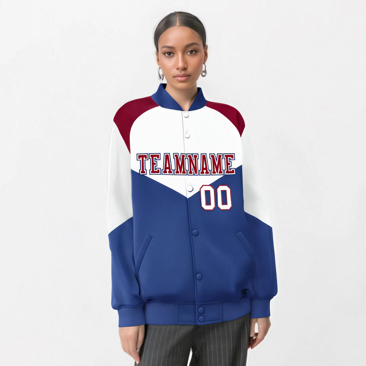 Custom White Royal Blue-Red Varsity Full-Snap Color Block Letterman Jacket