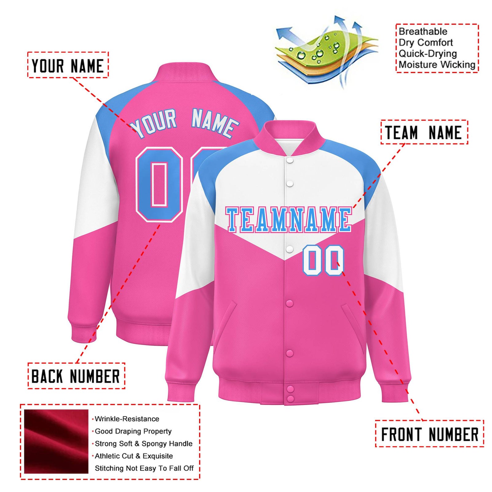 Custom White Pink-Powder Blue Varsity Full-Snap Color Block Letterman Jacket