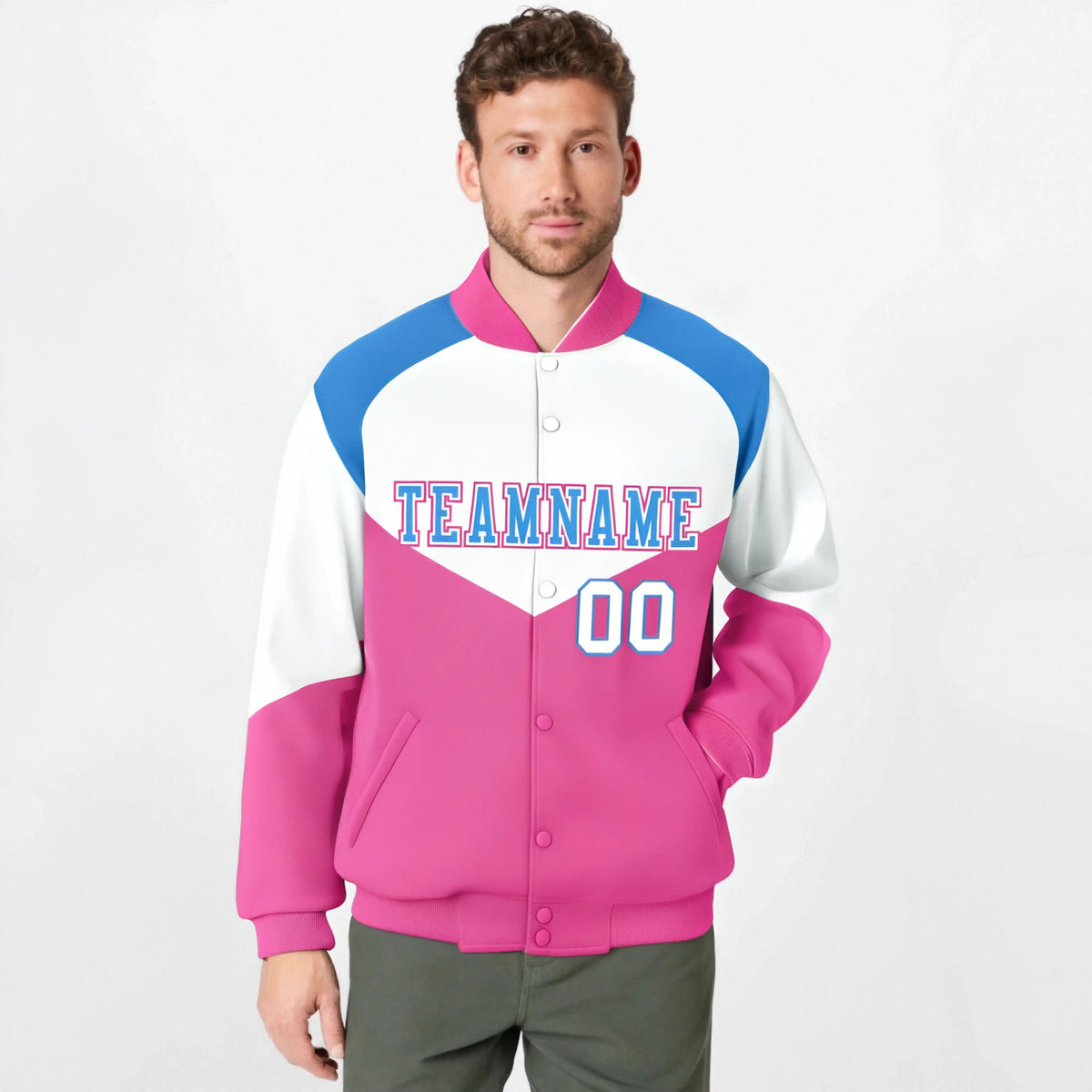 Custom White Pink-Powder Blue Varsity Full-Snap Color Block Letterman Jacket