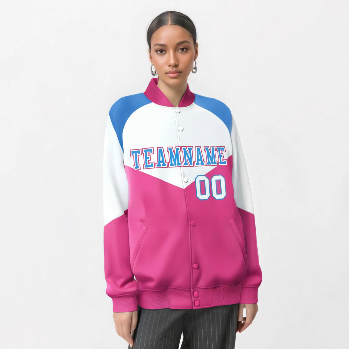 Custom White Pink-Powder Blue Varsity Full-Snap Color Block Letterman Jacket
