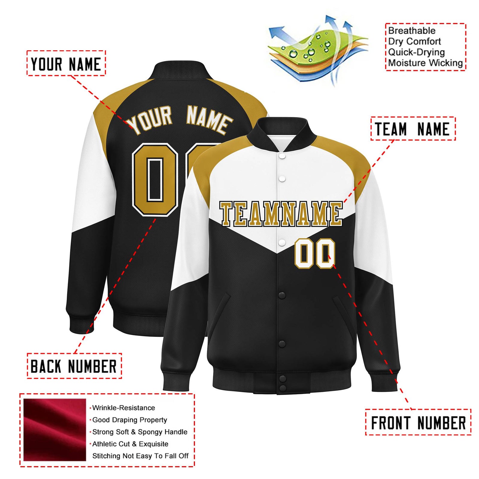 Custom White Black-Old Gold Varsity Full-Snap Color Block Letterman Jacket