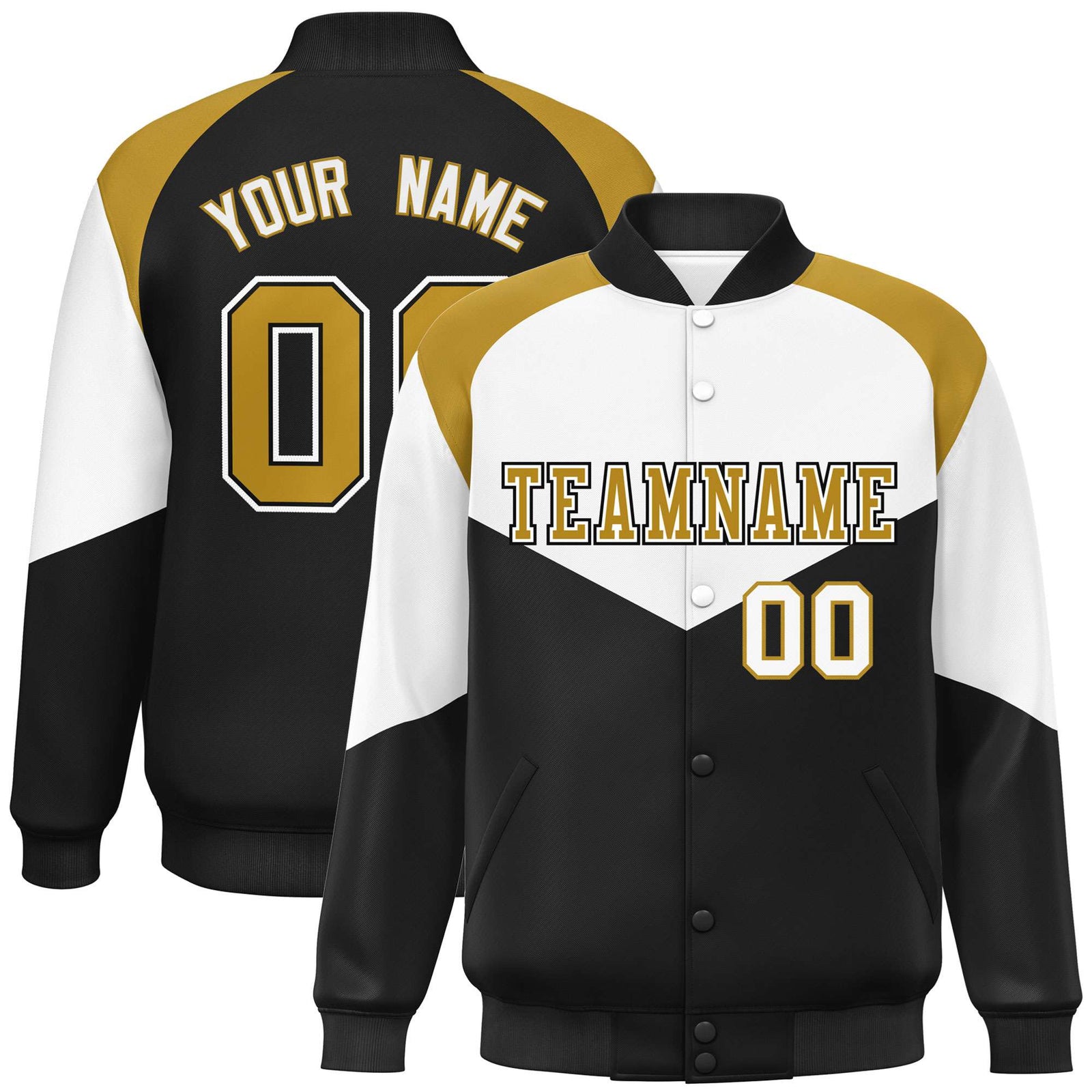 Custom White Black-Old Gold Varsity Full-Snap Color Block Letterman Jacket