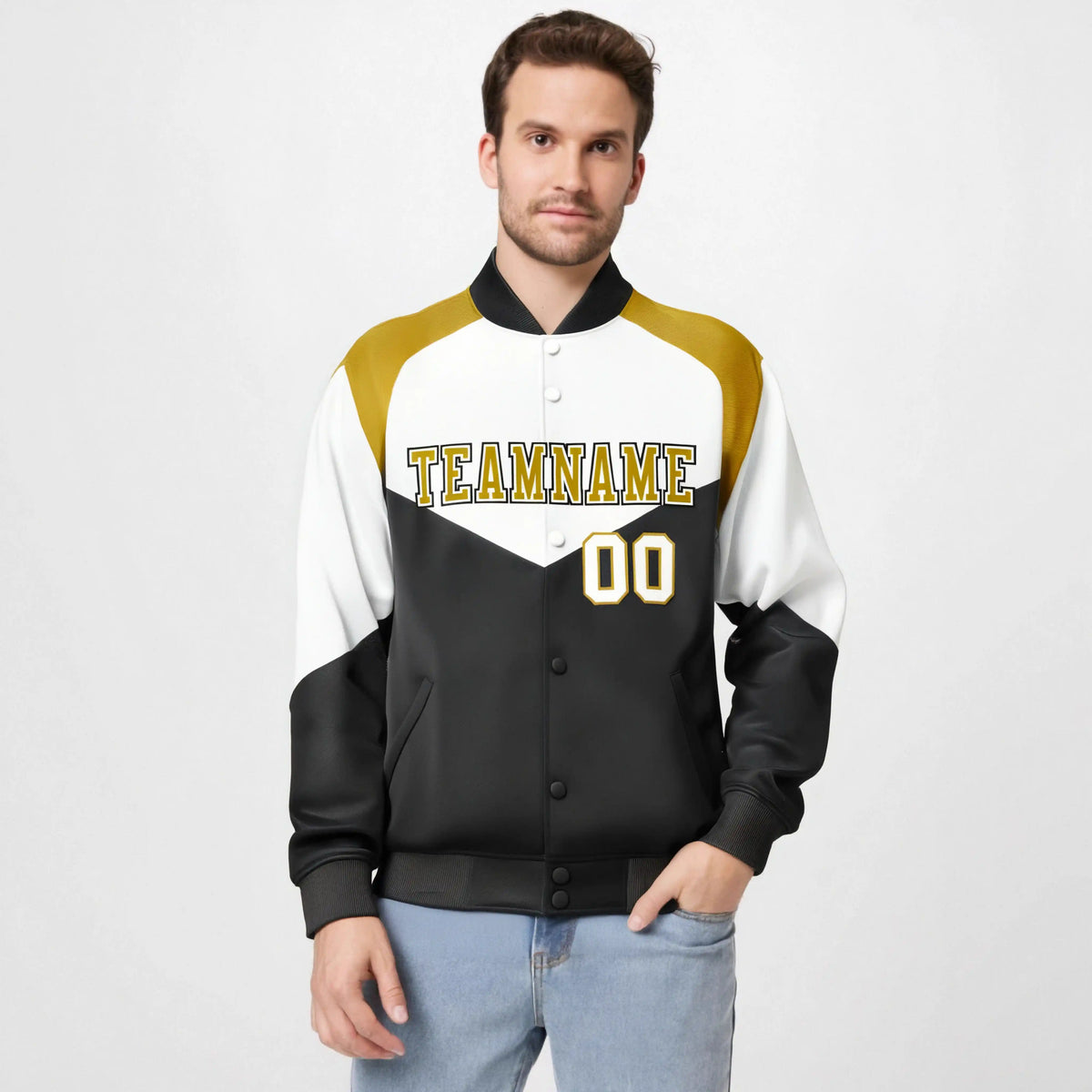 Custom White Black-Old Gold Varsity Full-Snap Color Block Letterman Jacket