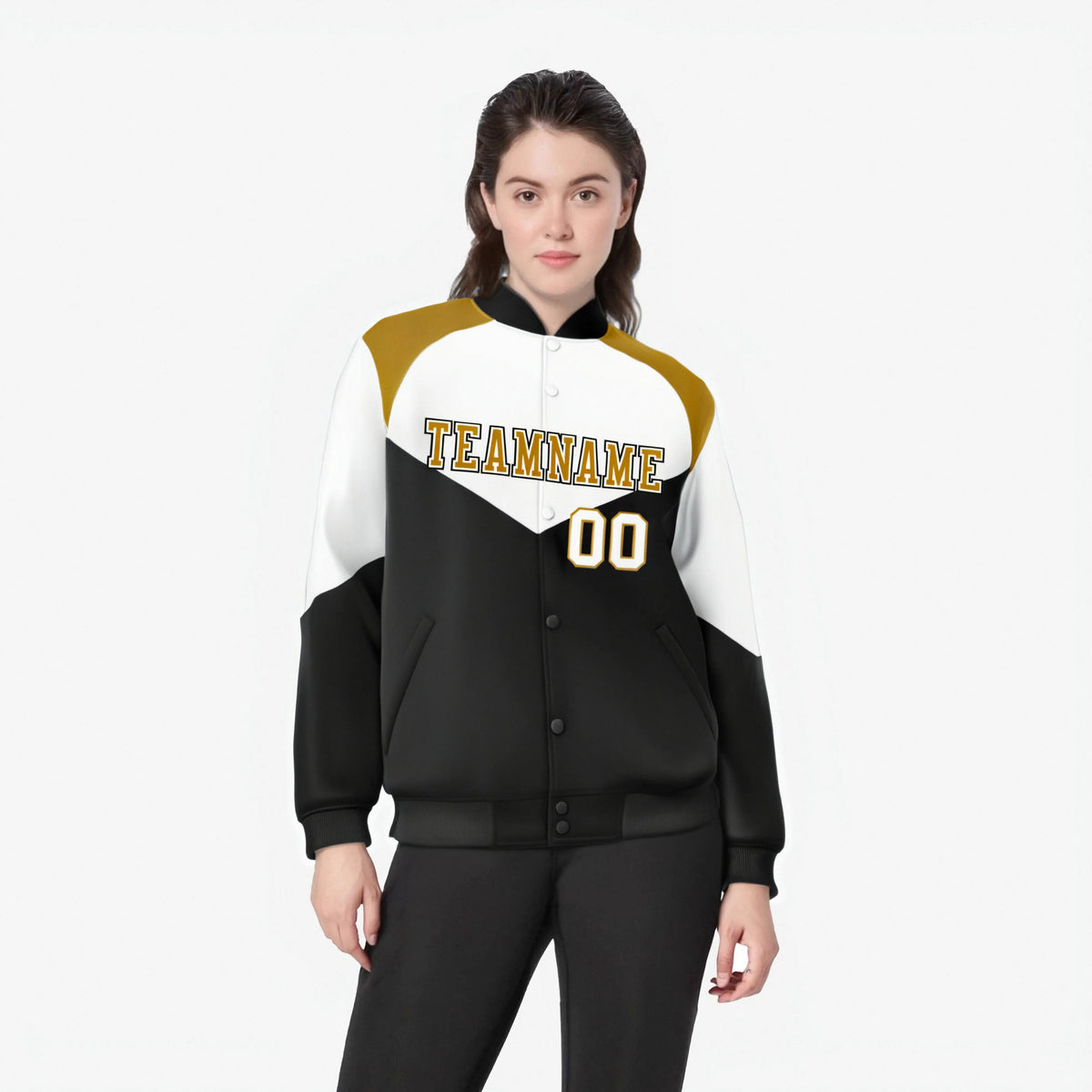 Custom White Black-Old Gold Varsity Full-Snap Color Block Letterman Jacket