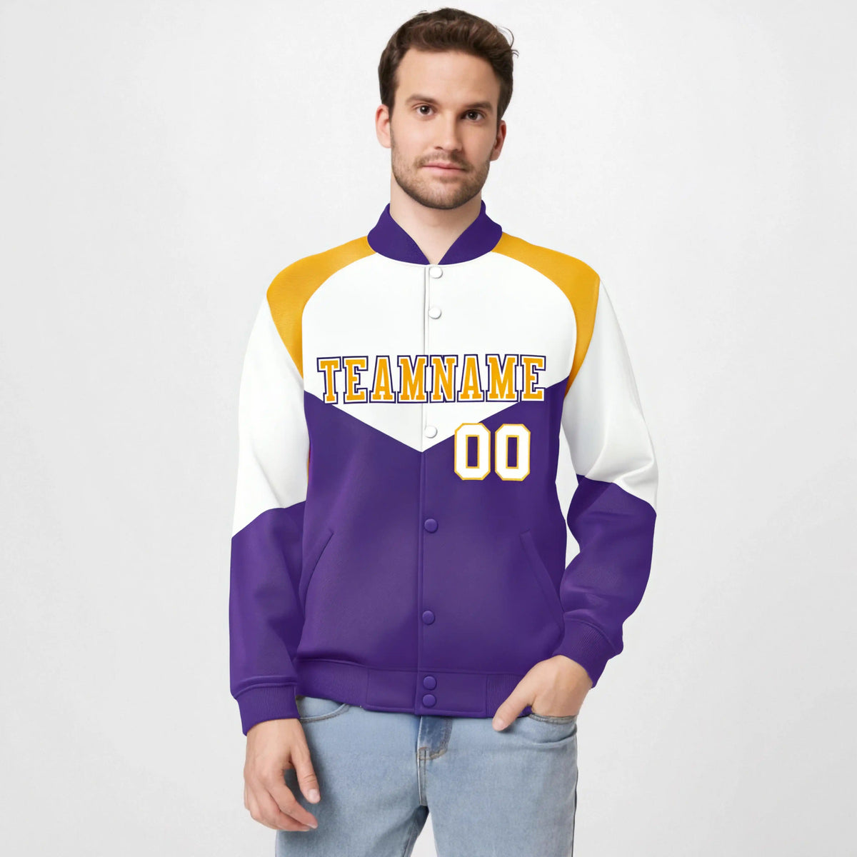 Custom White Purple-Gold Varsity Full-Snap Color Block Letterman Jacket