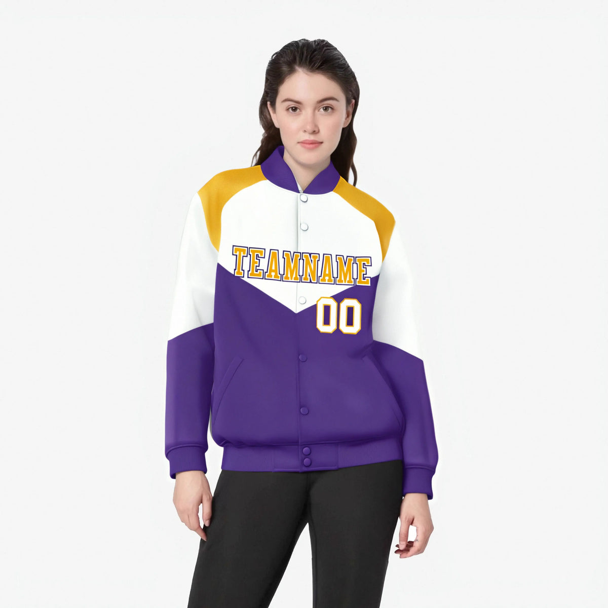 Custom White Purple-Gold Varsity Full-Snap Color Block Letterman Jacket