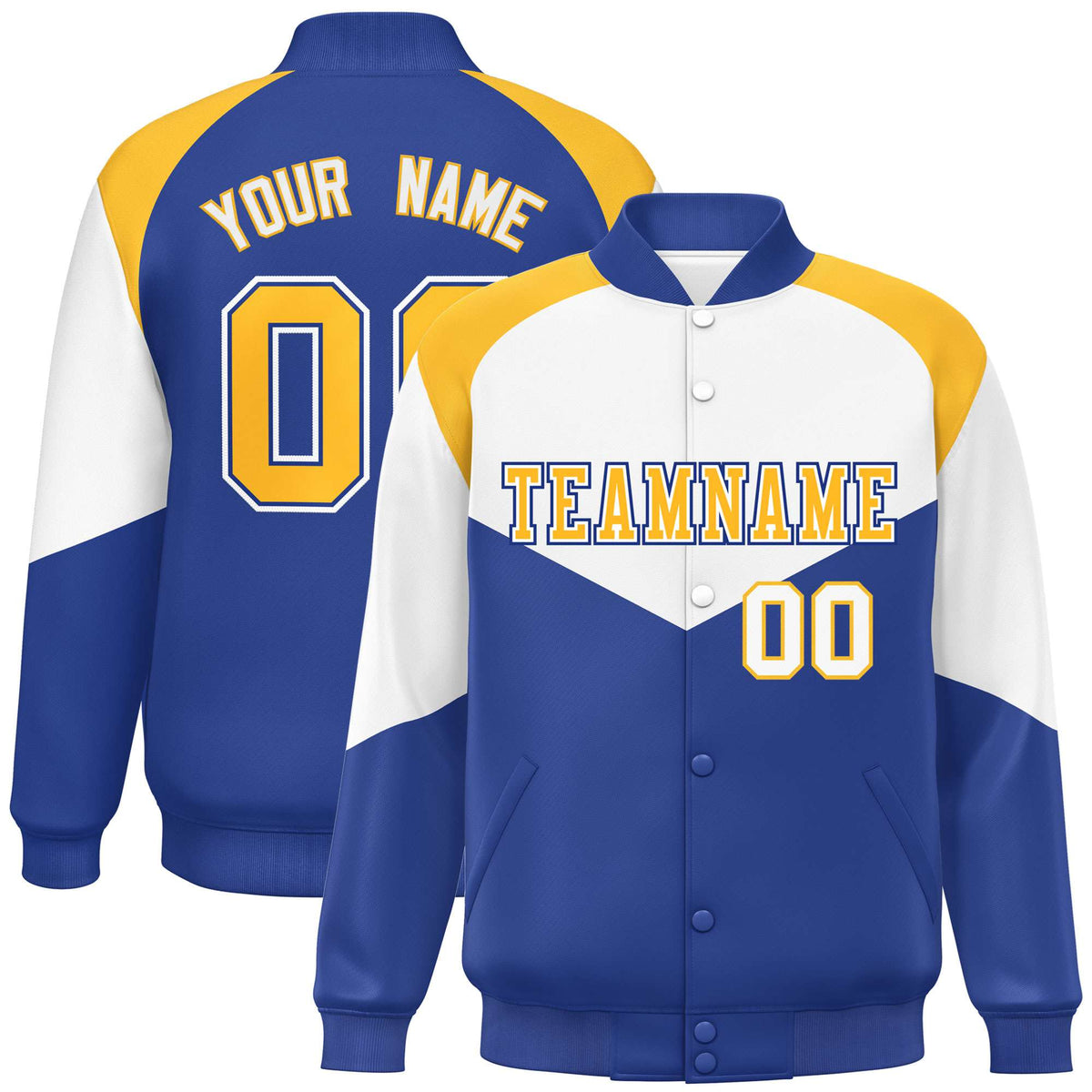 Custom White Royal Blue-Gold Varsity Full-Snap Color Block Letterman Jacket