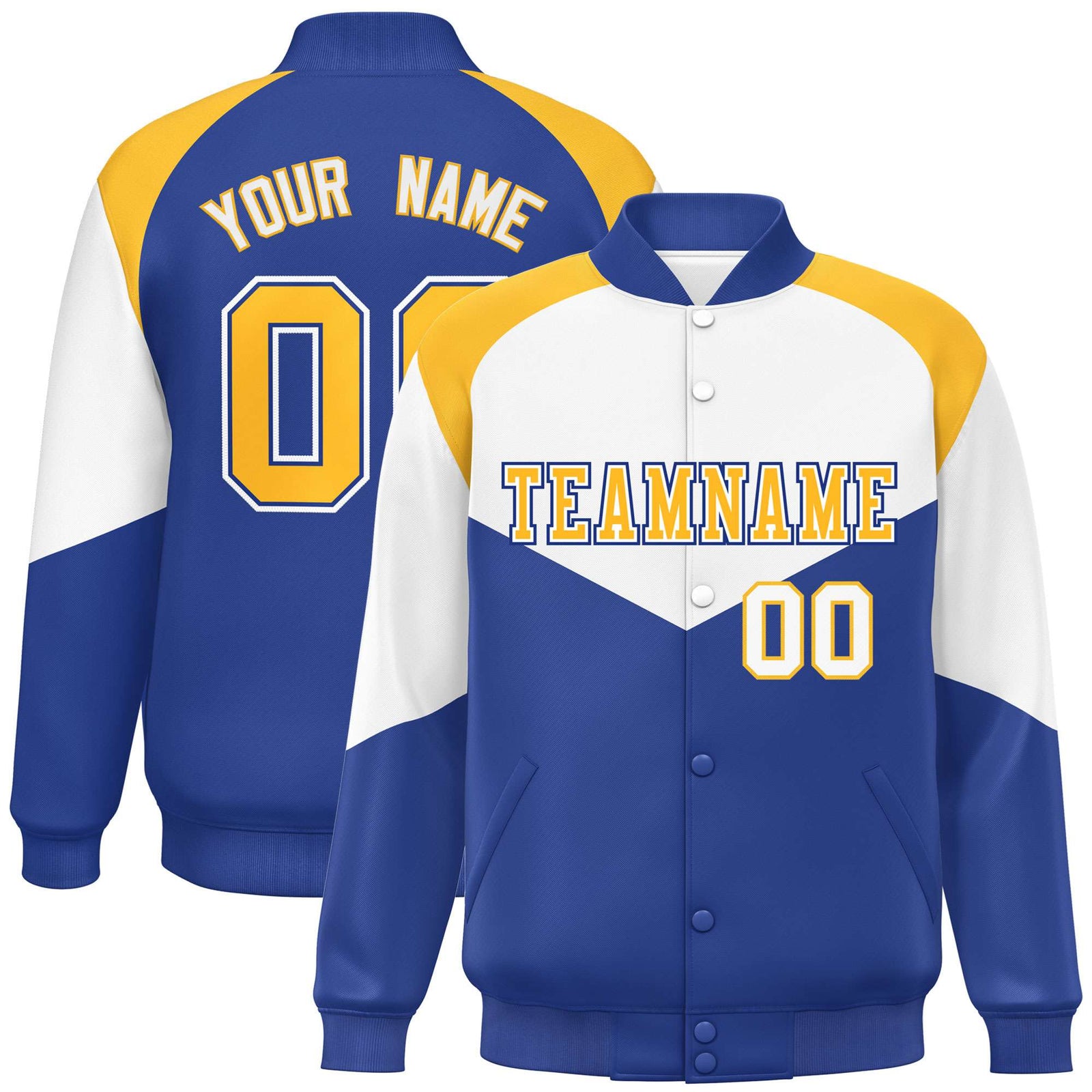 Custom White Royal Blue-Gold Varsity Full-Snap Color Block Letterman Jacket