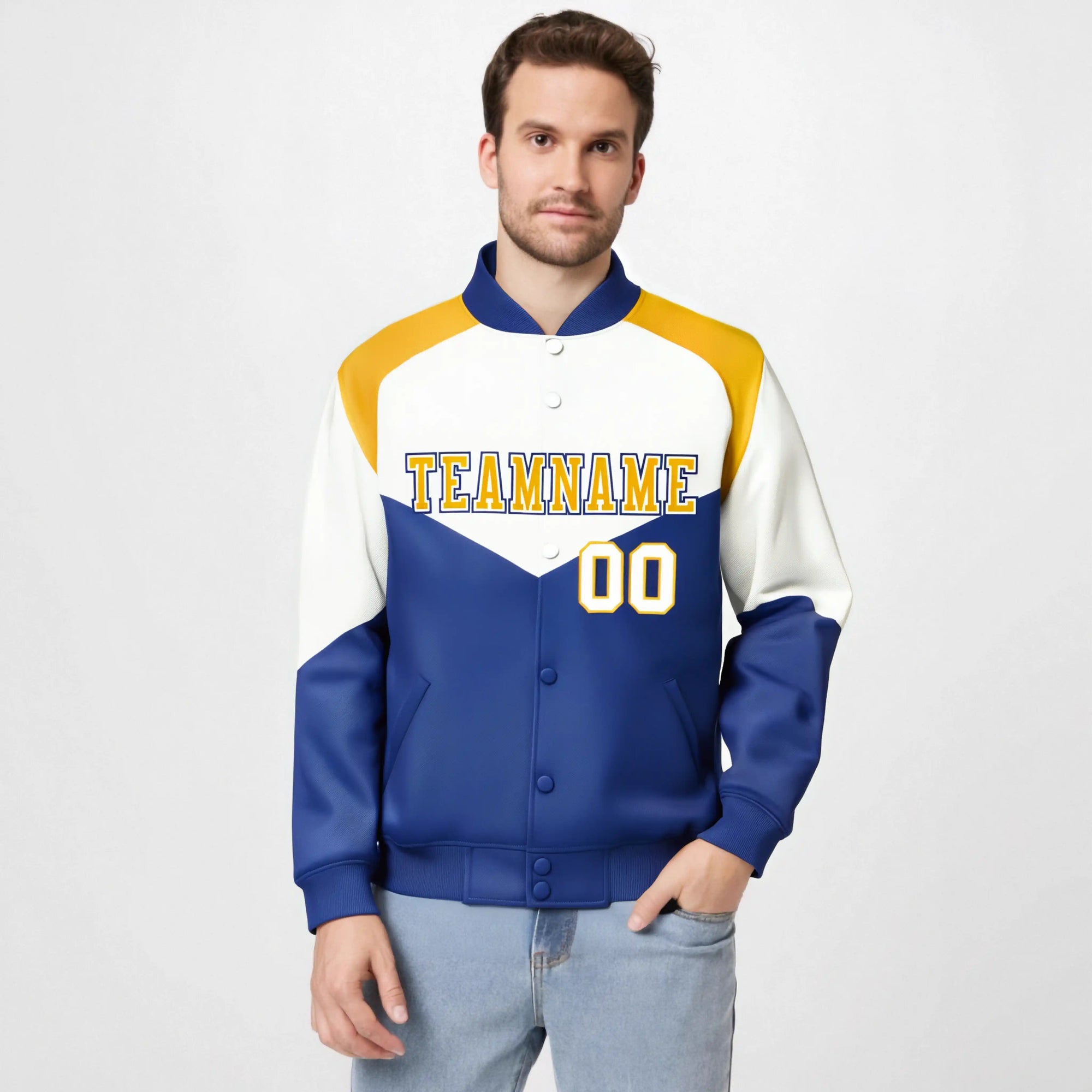 Custom White Royal Blue-Gold Varsity Full-Snap Color Block Letterman Jacket