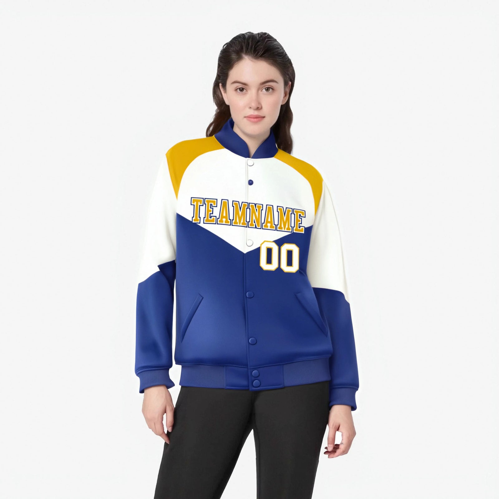 Custom White Royal Blue-Gold Varsity Full-Snap Color Block Letterman Jacket