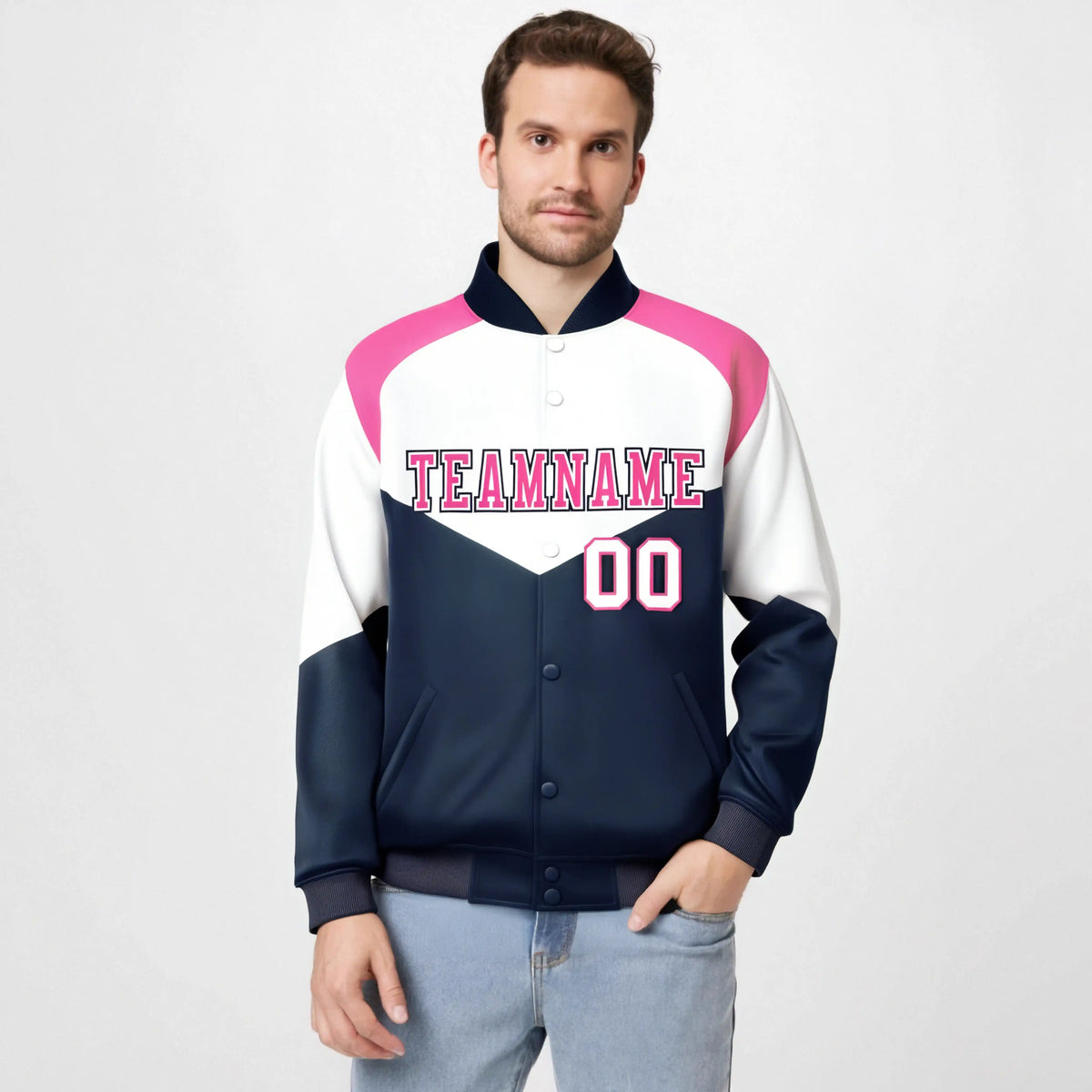Custom White Navy-Pink Varsity Full-Snap Color Block Letterman Jacket