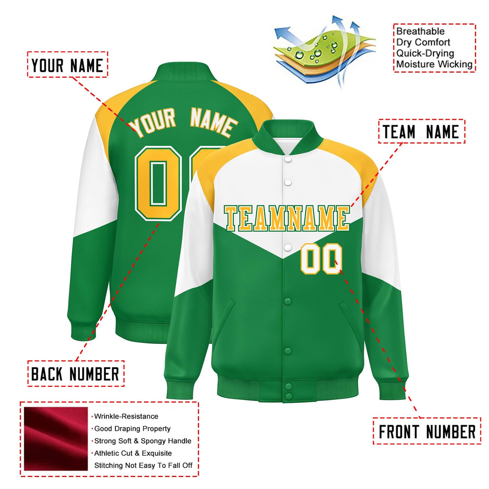 Custom White Kelly Green-Gold Varsity Full-Snap Color Block Letterman Jacket