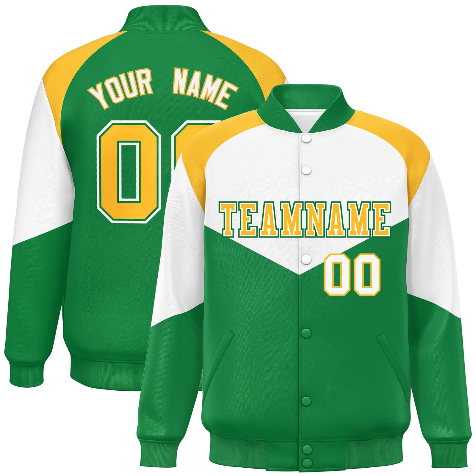 Custom White Kelly Green-Gold Varsity Full-Snap Color Block Letterman Jacket