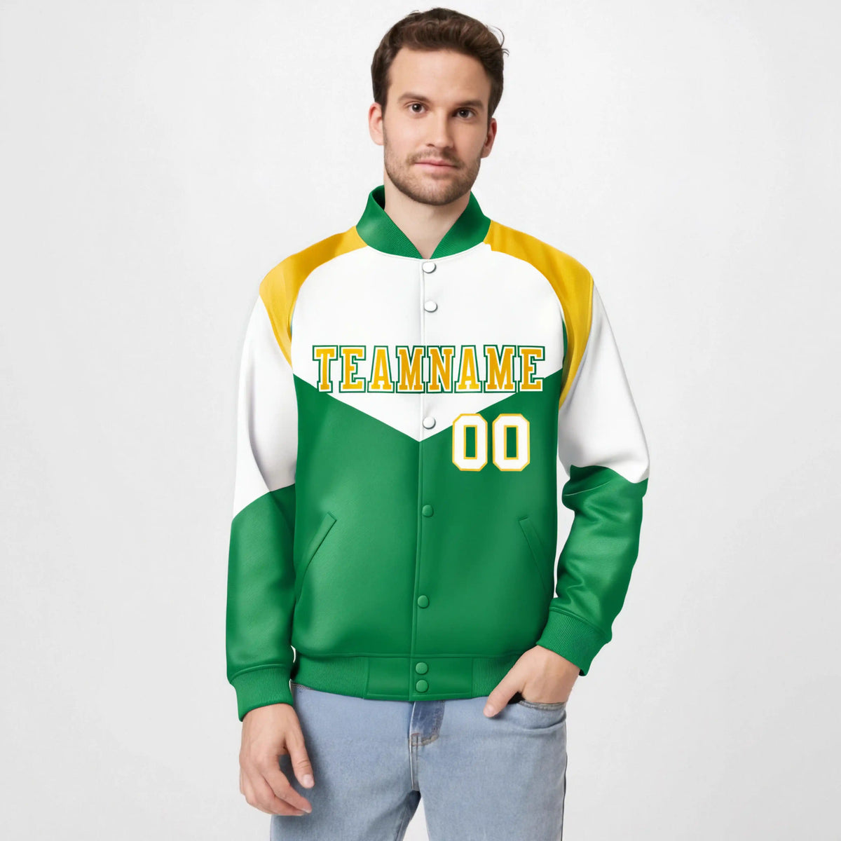 Custom White Kelly Green-Gold Varsity Full-Snap Color Block Letterman Jacket