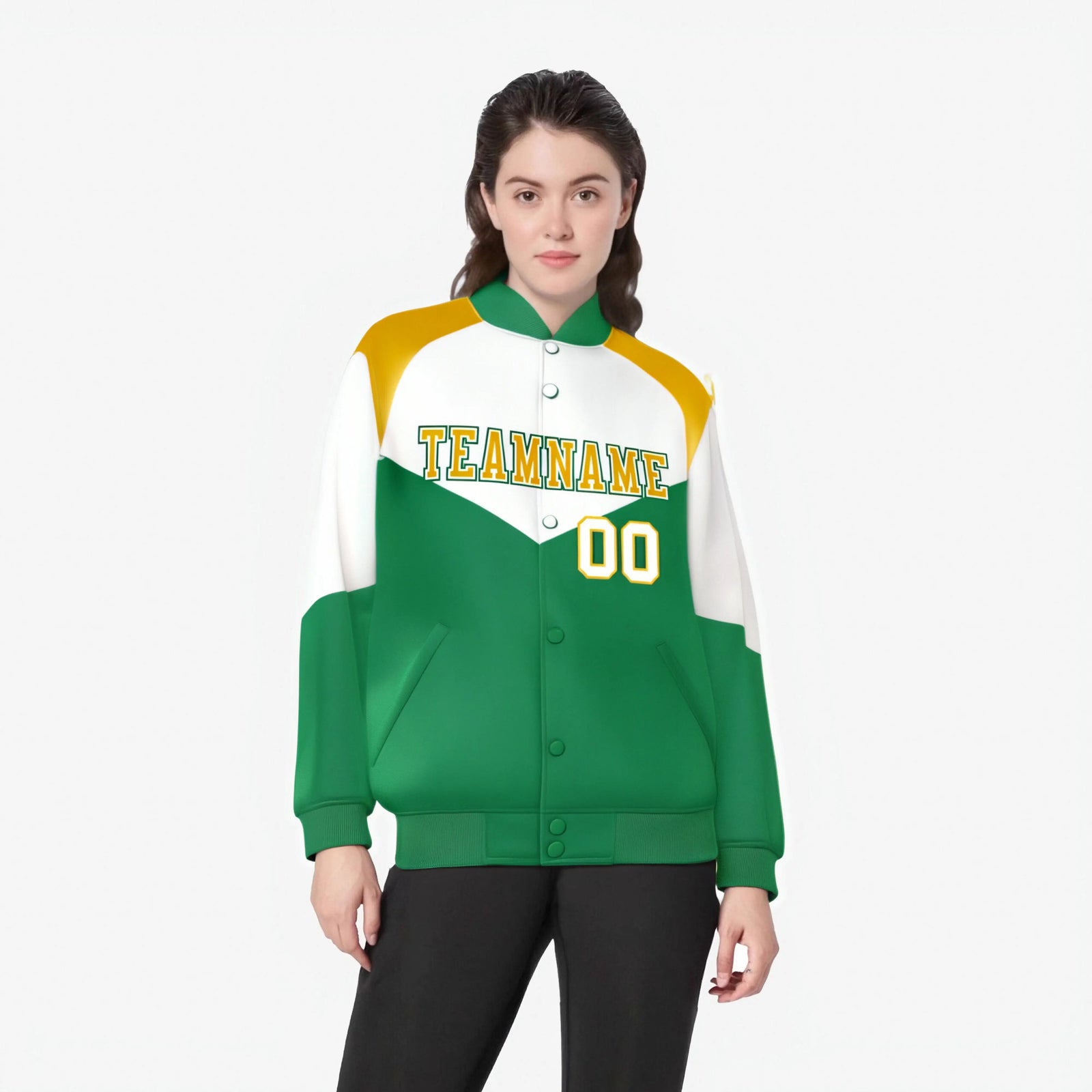 Custom White Kelly Green-Gold Varsity Full-Snap Color Block Letterman Jacket