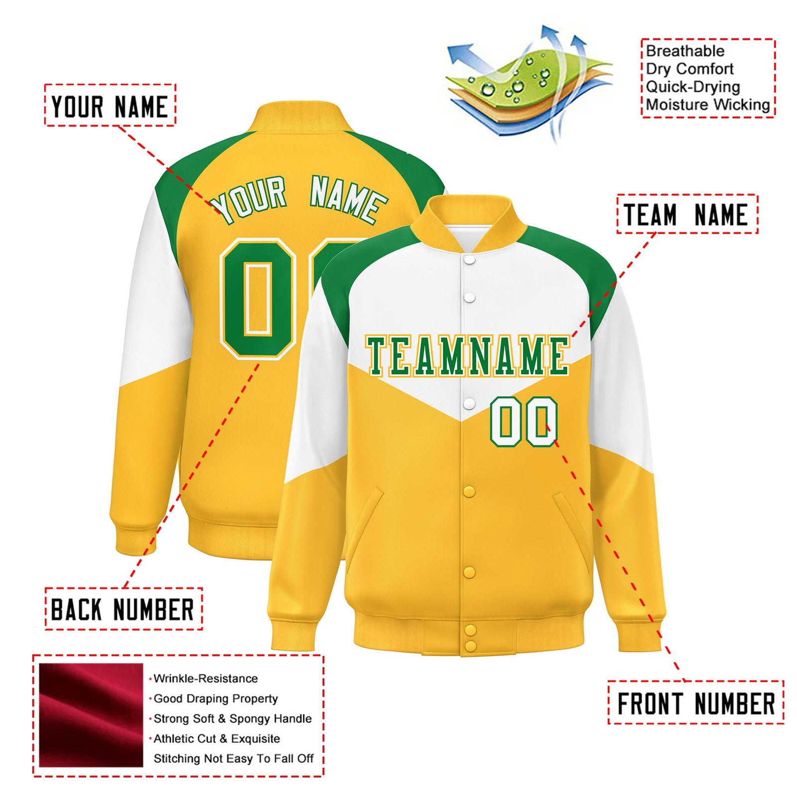 Custom White Gold-Kelly Green Varsity Full-Snap Color Block Letterman Jacket