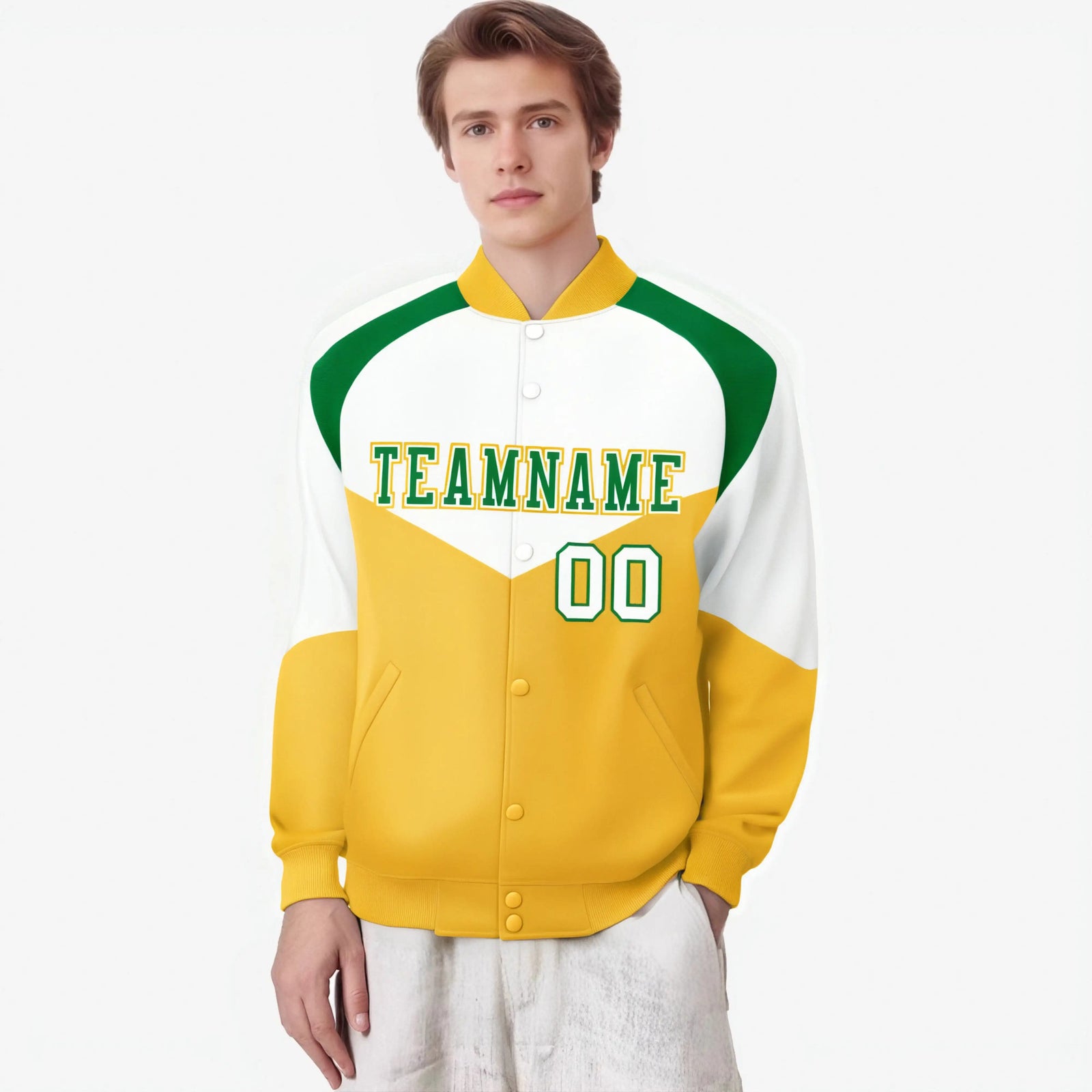 Custom White Gold-Kelly Green Varsity Full-Snap Color Block Letterman Jacket