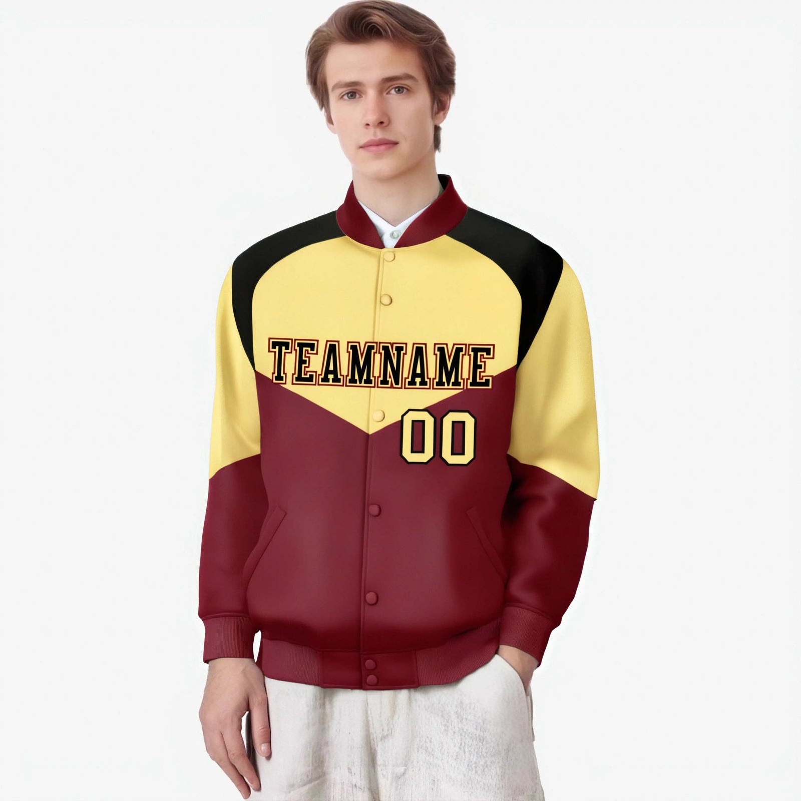 Custom Khaki Crimson-Black Varsity Full-Snap Color Block Letterman Jacket