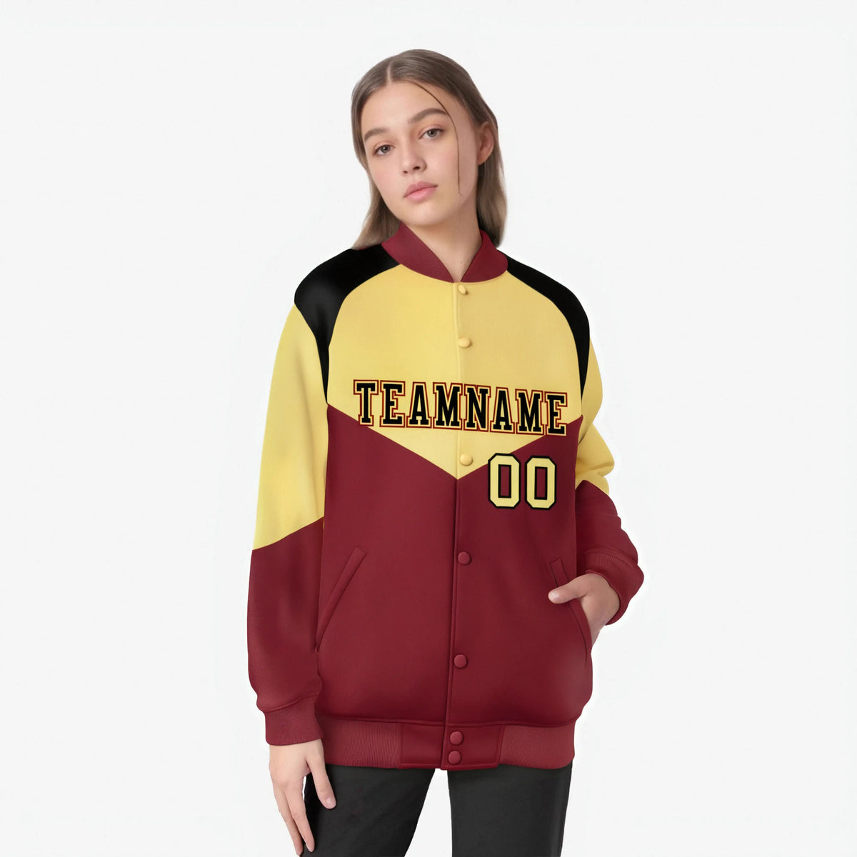 Custom Khaki Crimson-Black Varsity Full-Snap Color Block Letterman Jacket